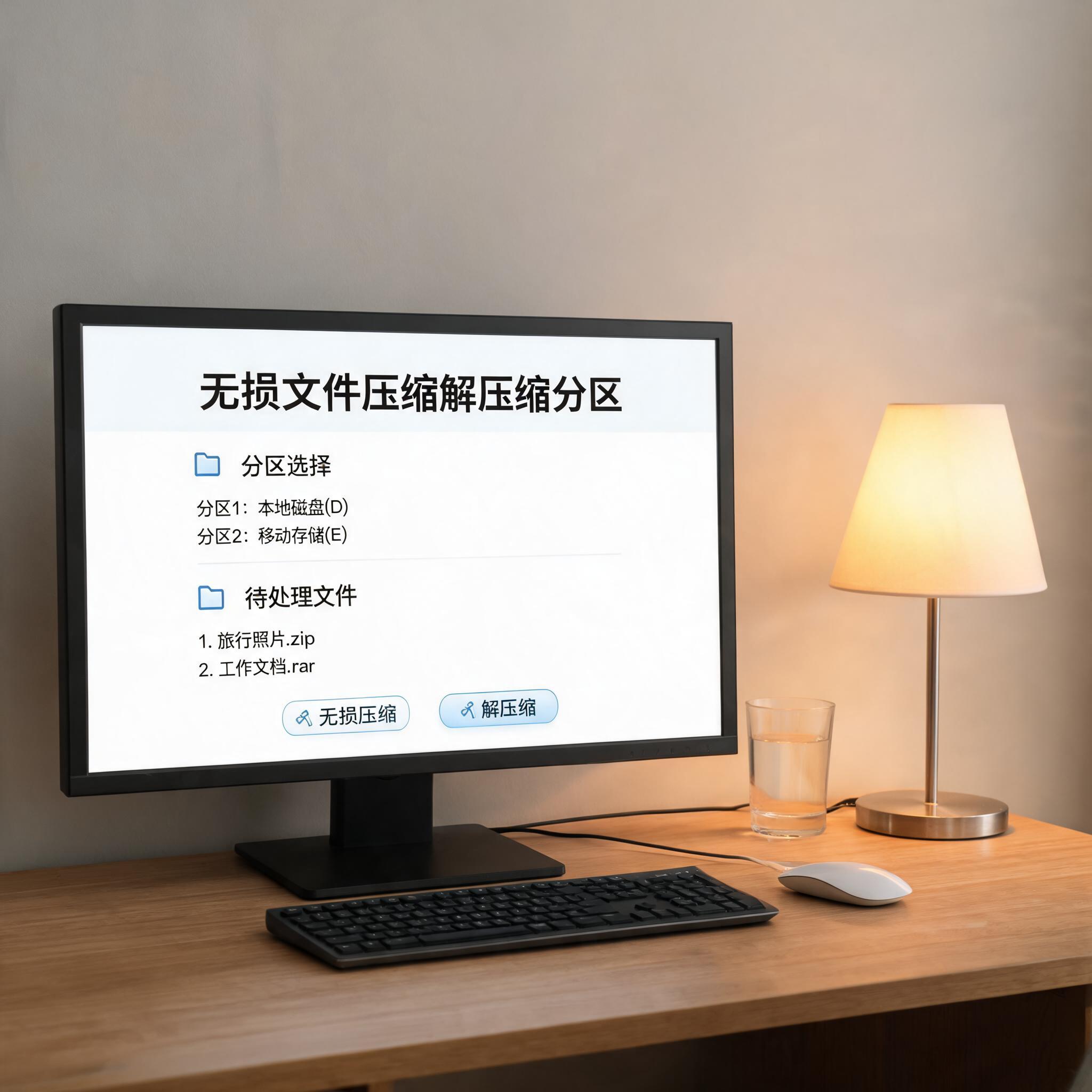 电脑桌上的电脑，屏幕显示无损文件压缩解压缩分区，旁边放着台灯