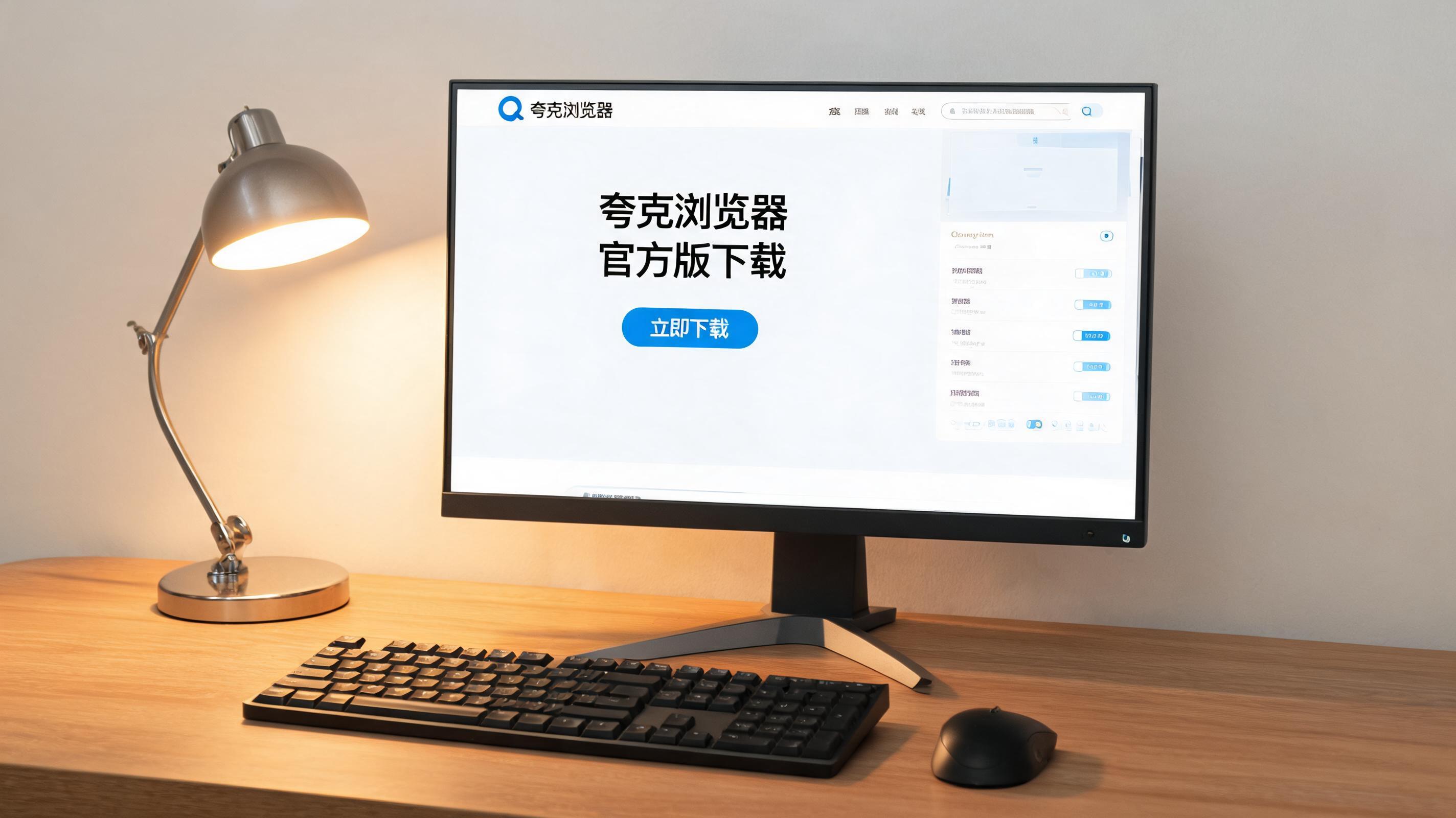 电脑桌上的电脑，屏幕显示夸克浏览器官方版下载界面，旁边放着台灯