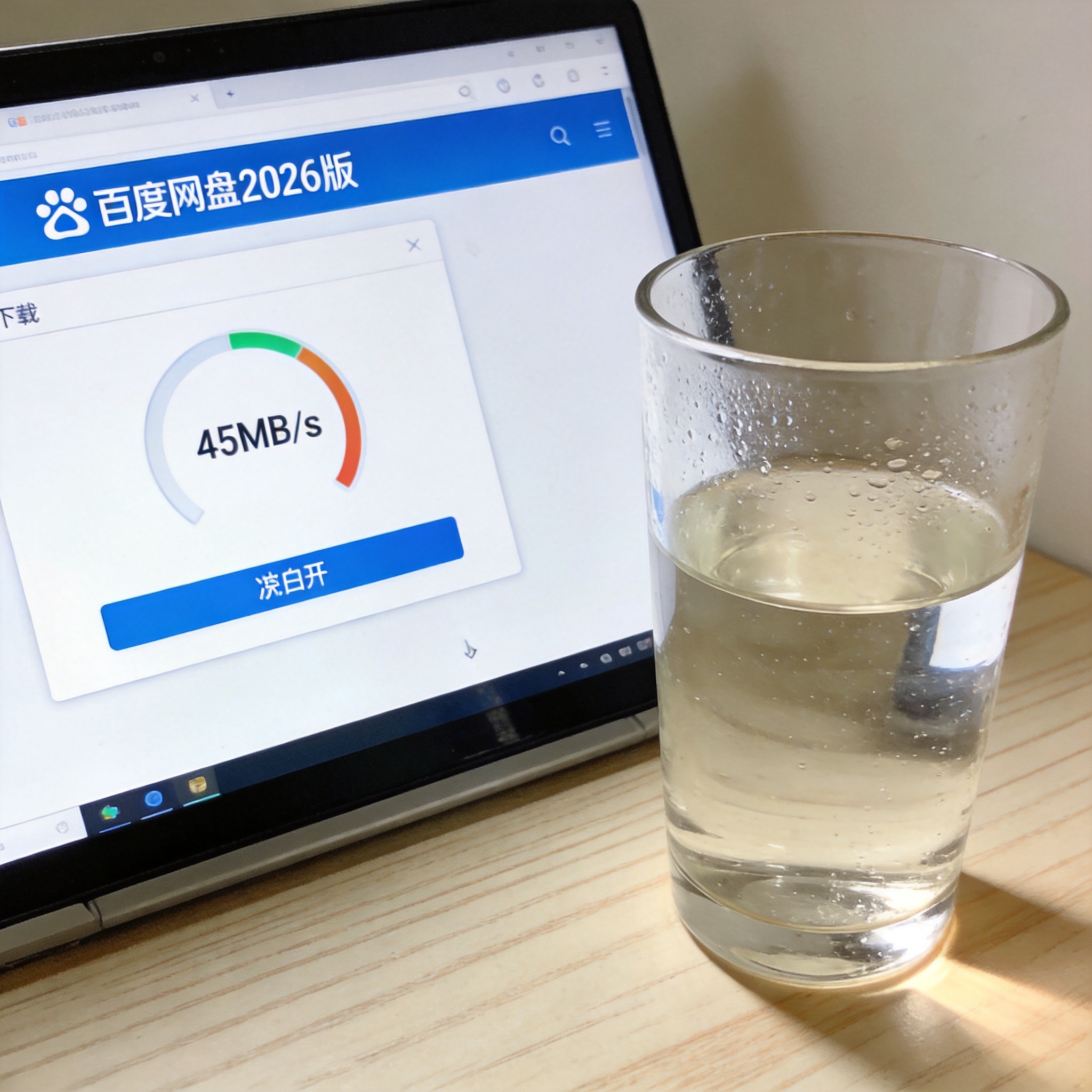 电脑桌的电脑屏幕显示百度网盘2026版下载界面，下载速度显示45MB/s，旁边放着半杯凉白开，室内自然光