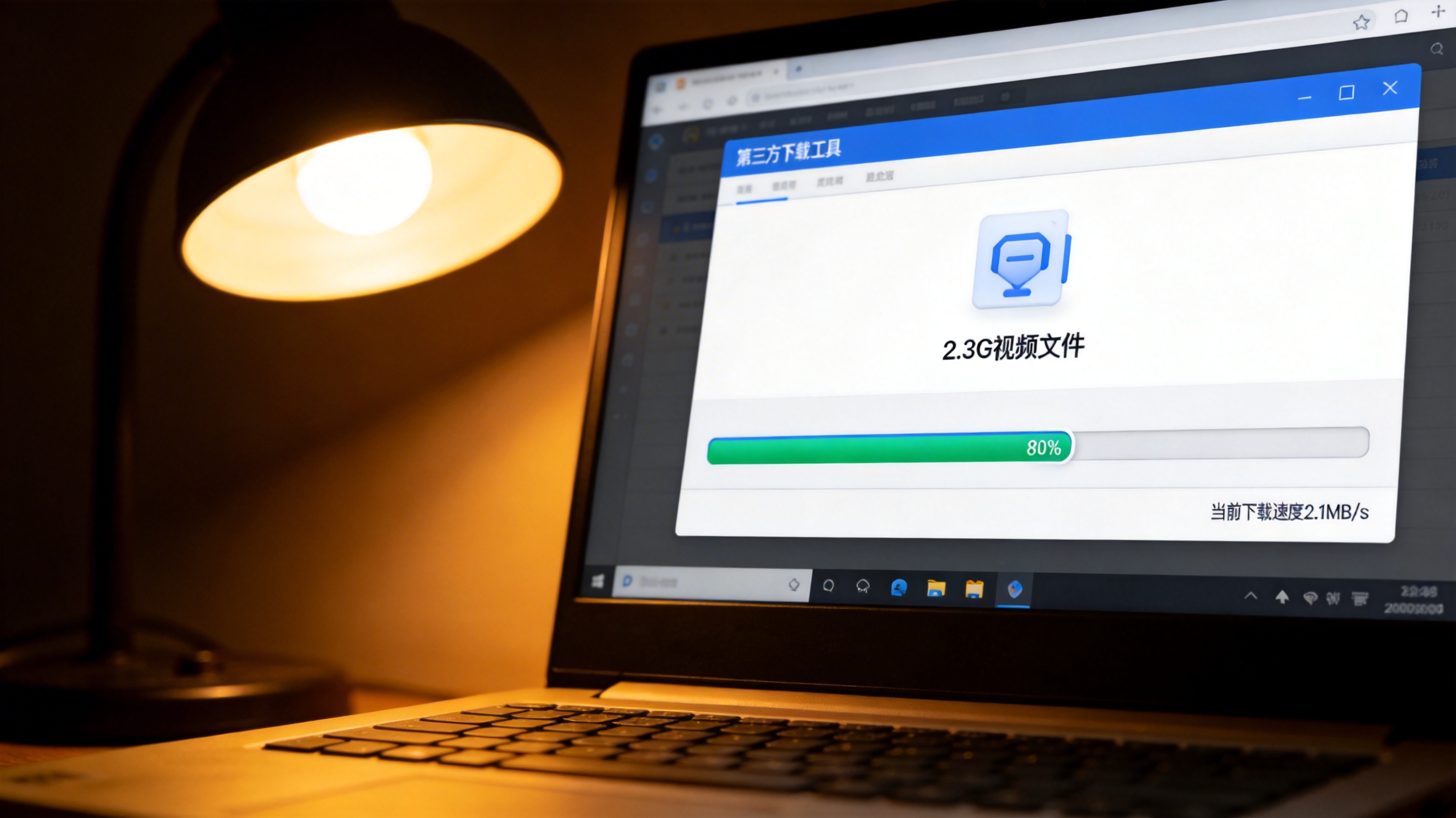 电脑屏幕显示第三方下载工具界面，进度条显示2.3G视频文件下载进度已完成80%，右下角标注当前下载速度2.1MB/s，台灯暖光