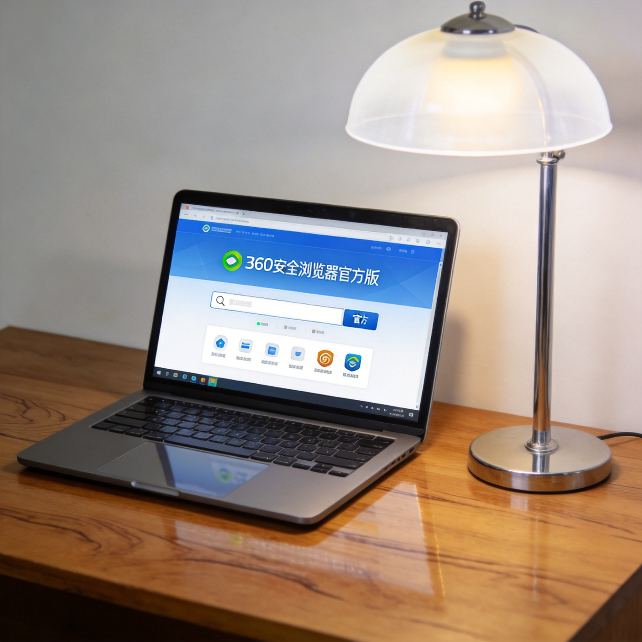 电脑桌上的电脑，屏幕显示360 安全浏览器官方版界面，旁边放着台灯