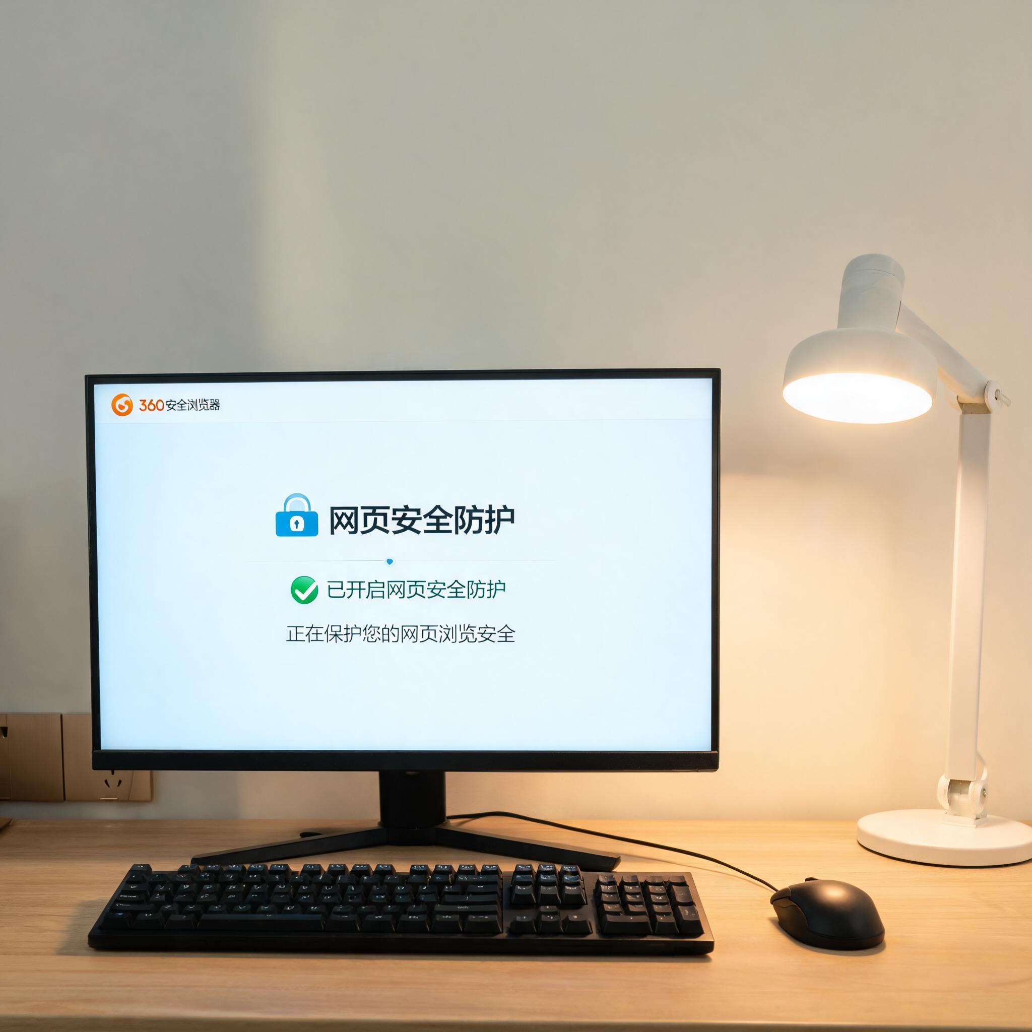 电脑桌上的电脑，屏幕显示360 浏览器网页安全防护界面，旁边放着台灯