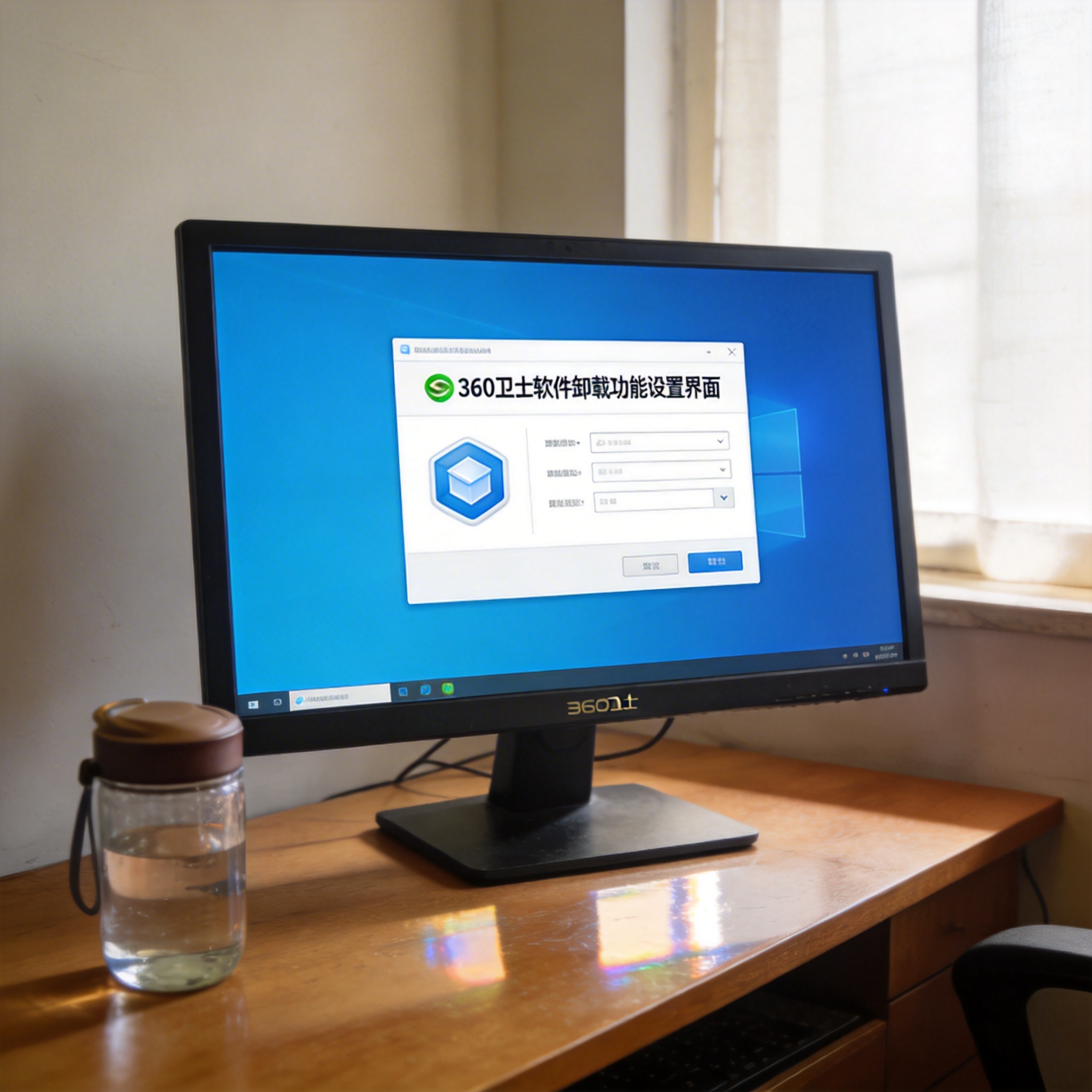 书桌上的电脑，屏幕显示360 卫士软件卸载功能设置界面，桌角放着水杯，自然光