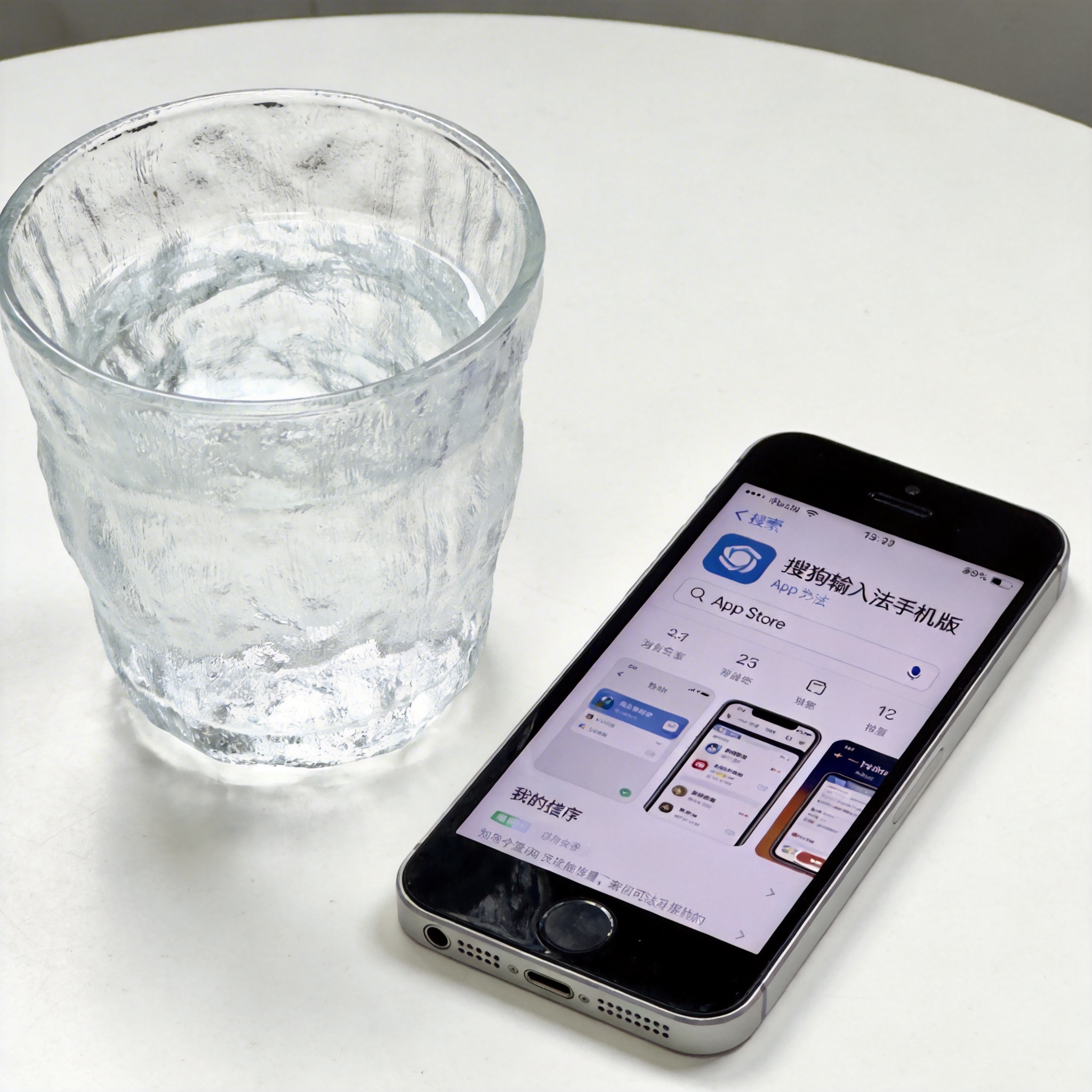 桌面放着苹果手机，屏幕显示App Store界面，搜索框里有“搜狗输入法手机版”字样，旁边摆着半透明水杯，室内自然光