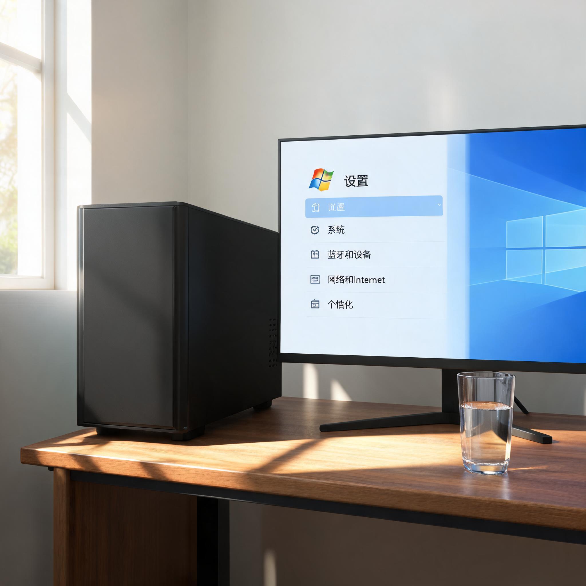 书桌上的主机，屏幕显示Windows设置界面，桌角放着水杯，自然光