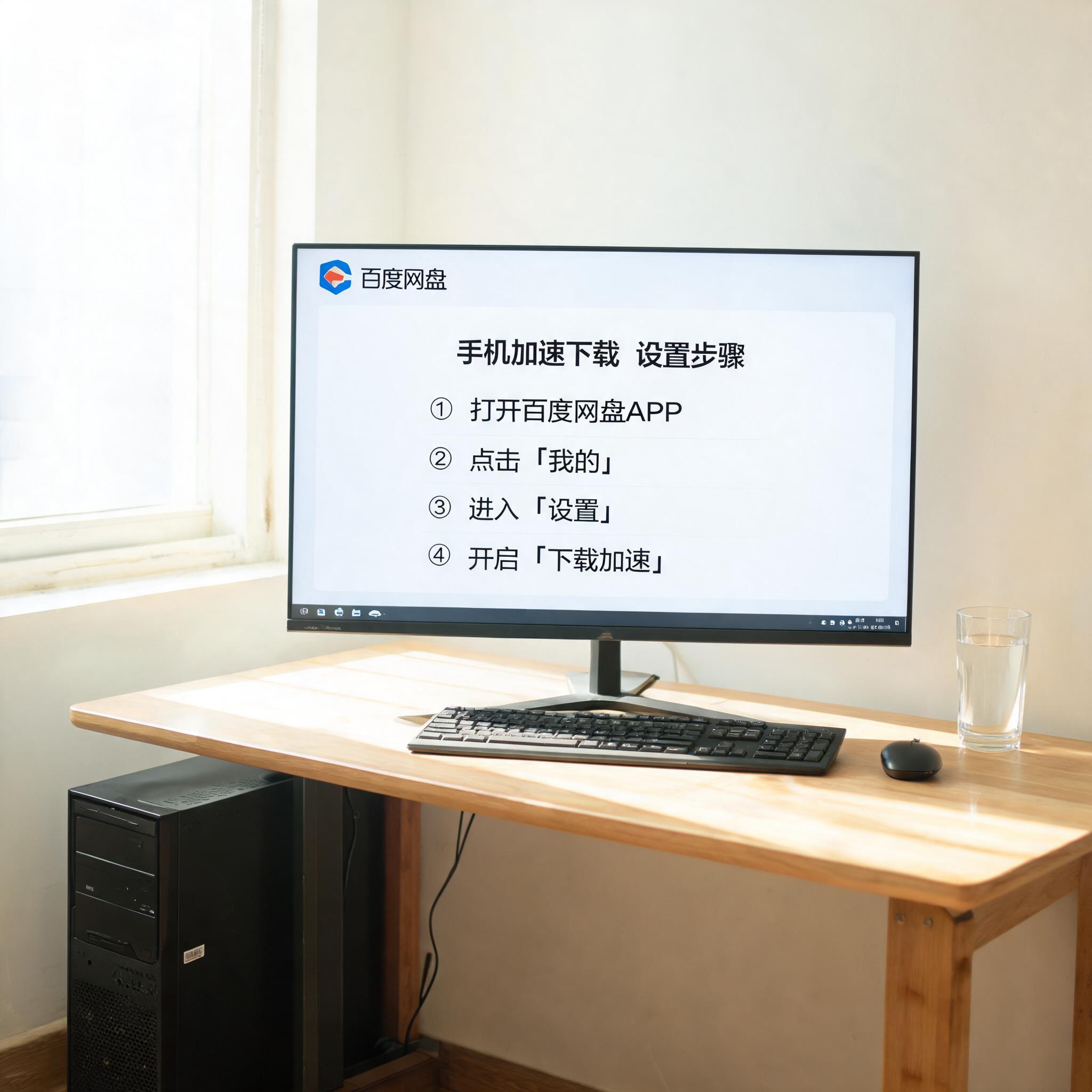 书桌上的主机，屏幕显示百度网盘加速下载手机怎么弄设置界面，桌角放着水杯，自然光
