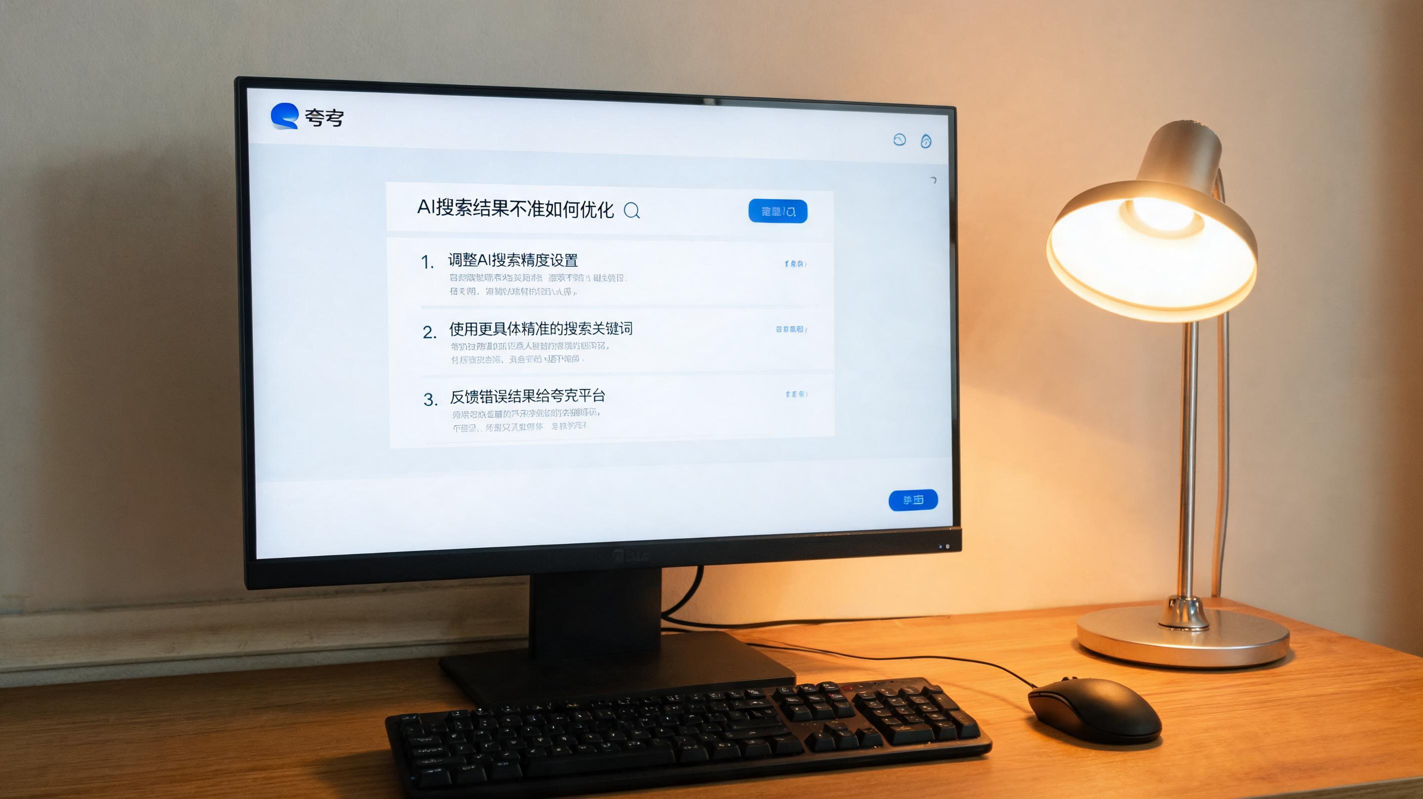 电脑桌上的电脑，屏幕显示夸克浏览器 AI 搜索结果不准如何优化界面，旁边放着台灯