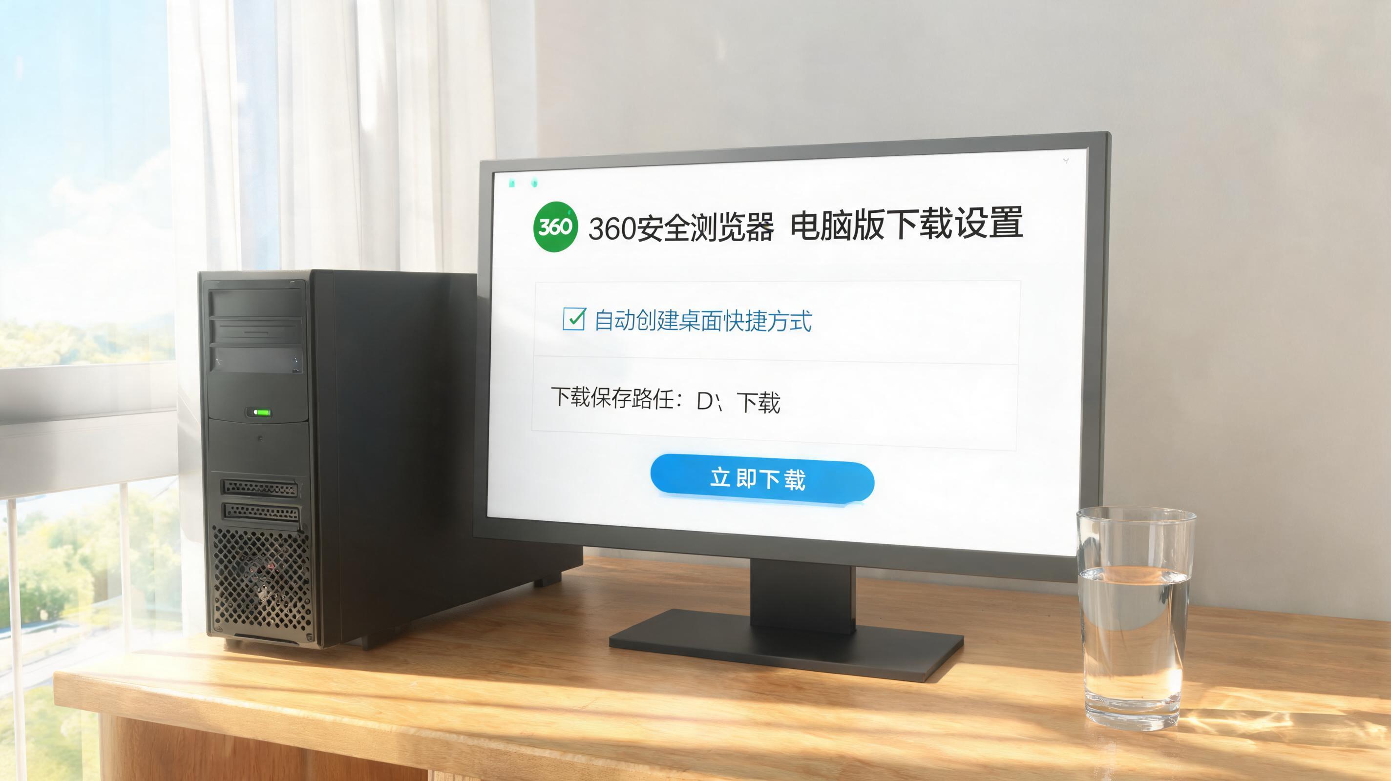 书桌上的主机，屏幕显示360 安全浏览器电脑版下载设置界面，桌角放着水杯，自然光