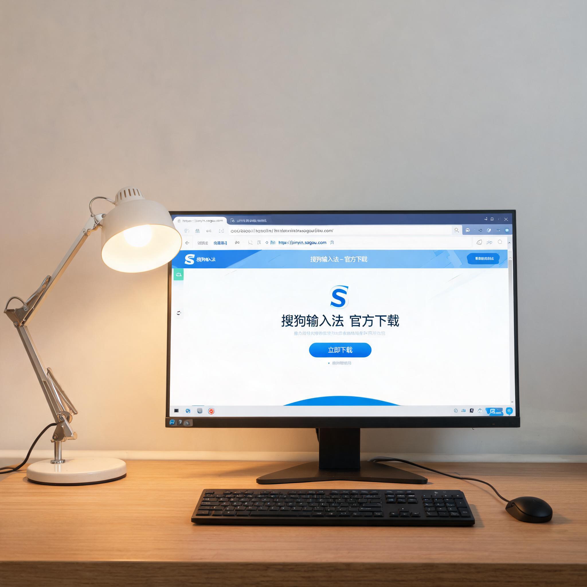 电脑桌上的电脑，屏幕显示搜狗输入法官方下载地址界面，旁边放着台灯