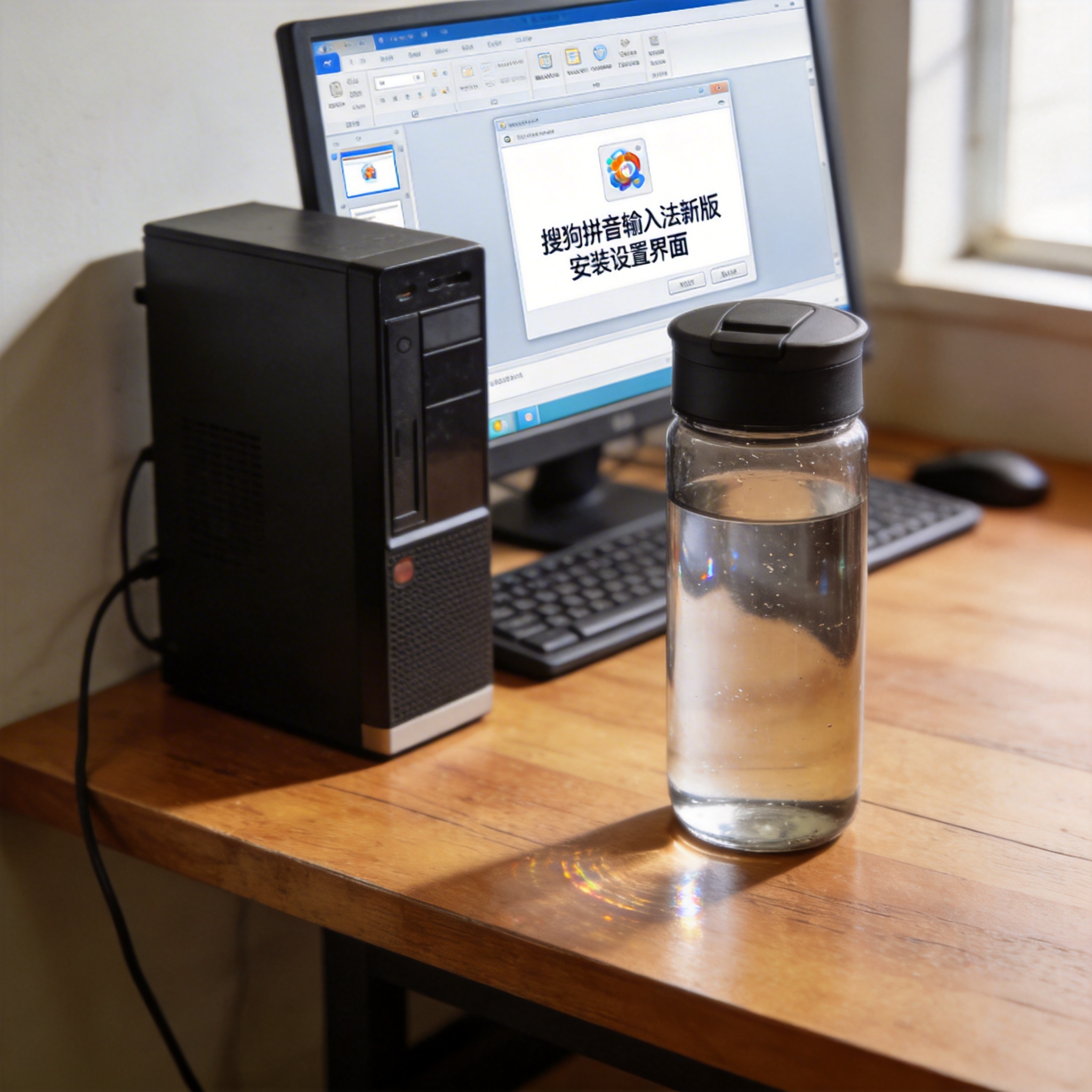 书桌上的主机，屏幕显示搜狗拼音输入法新版安装设置界面，桌角放着水杯，自然光