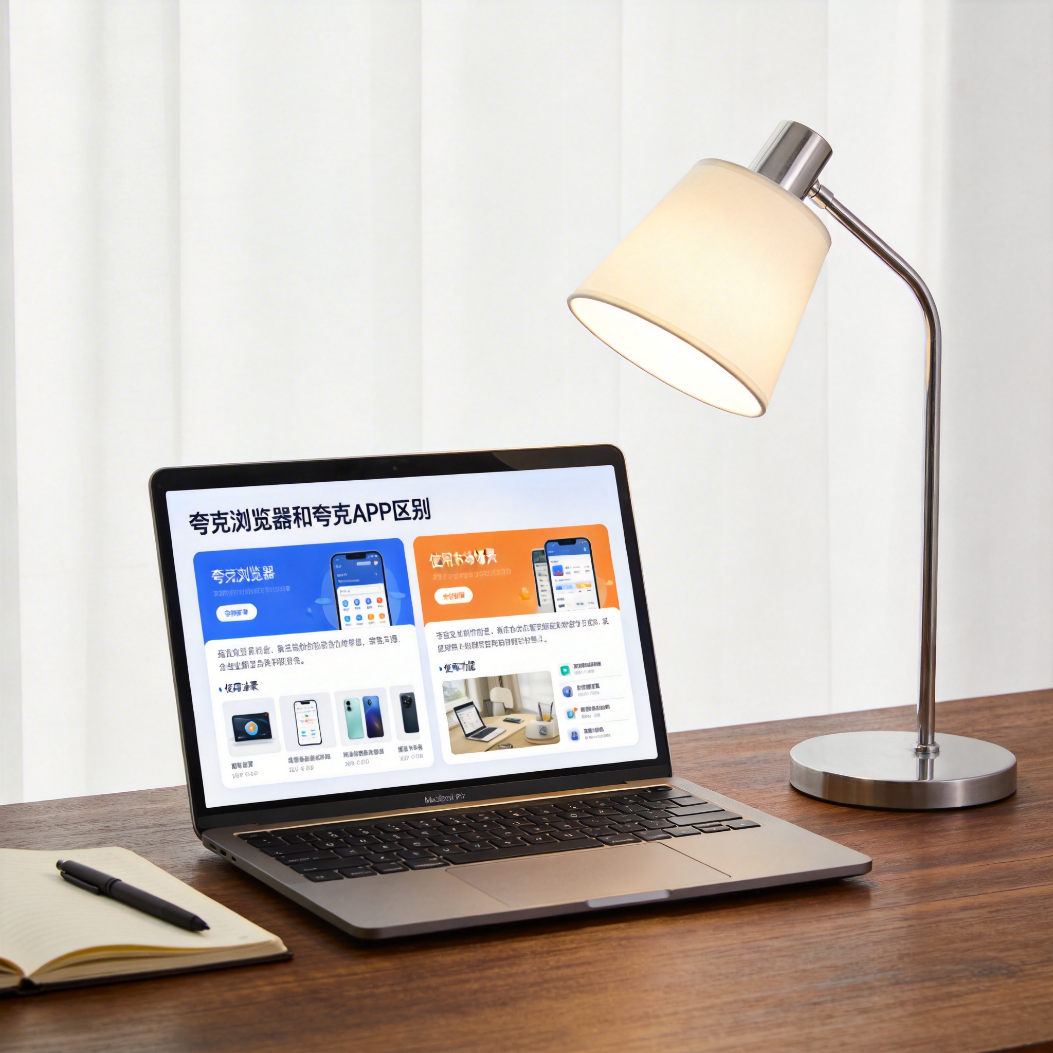 电脑桌上的电脑，屏幕显示夸克浏览器和夸克 APP 区别界面，旁边放着台灯