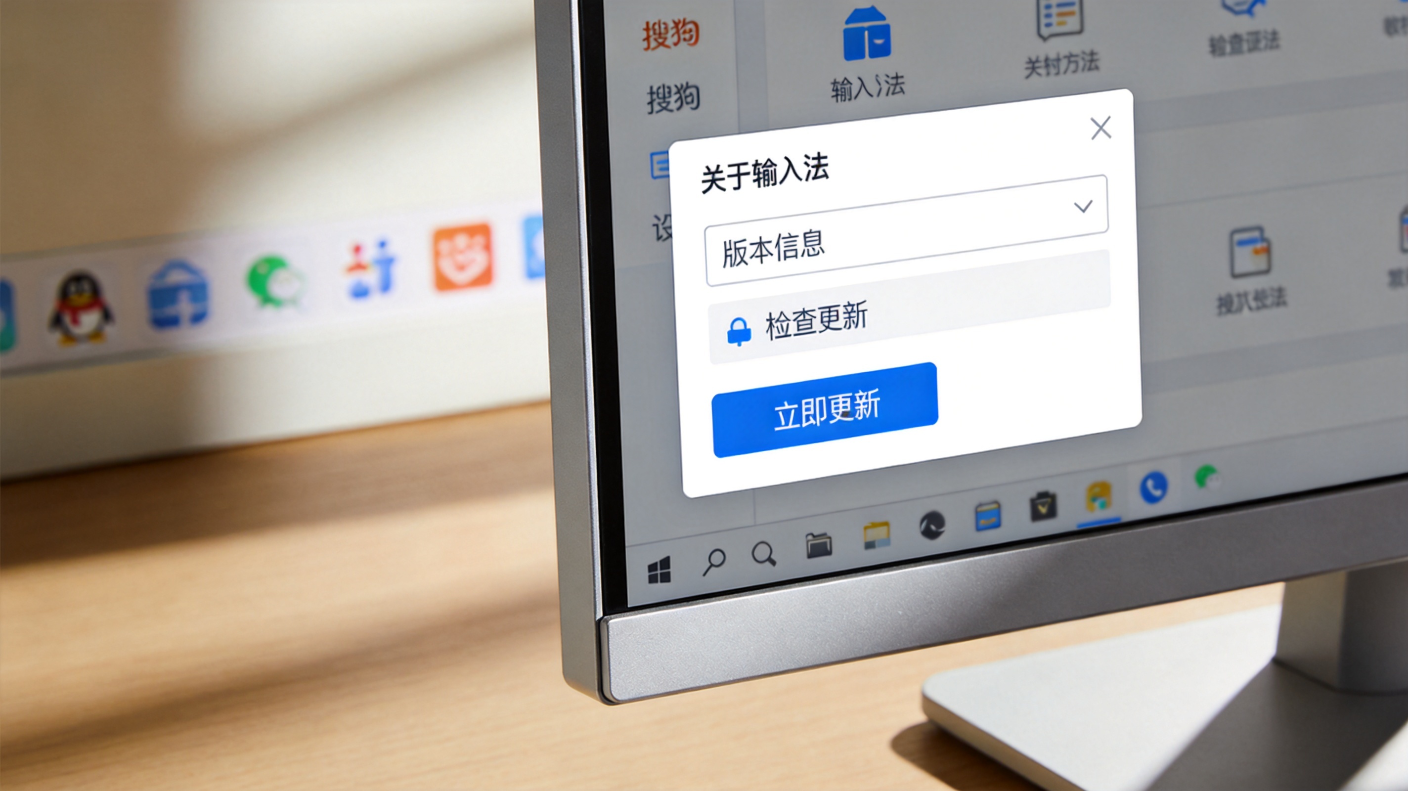 电脑桌面，屏幕显示搜狗输入法设置界面的“关于输入法”板块，能看到版本信息和更新按钮，室内自然光