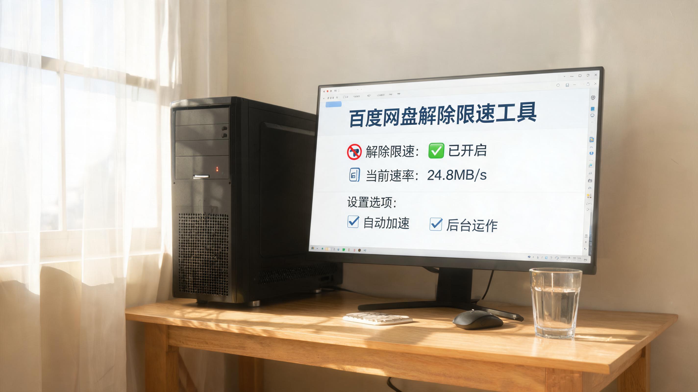 书桌上的主机，屏幕显示百度网盘解除限速工具设置界面，桌角放着水杯，自然光