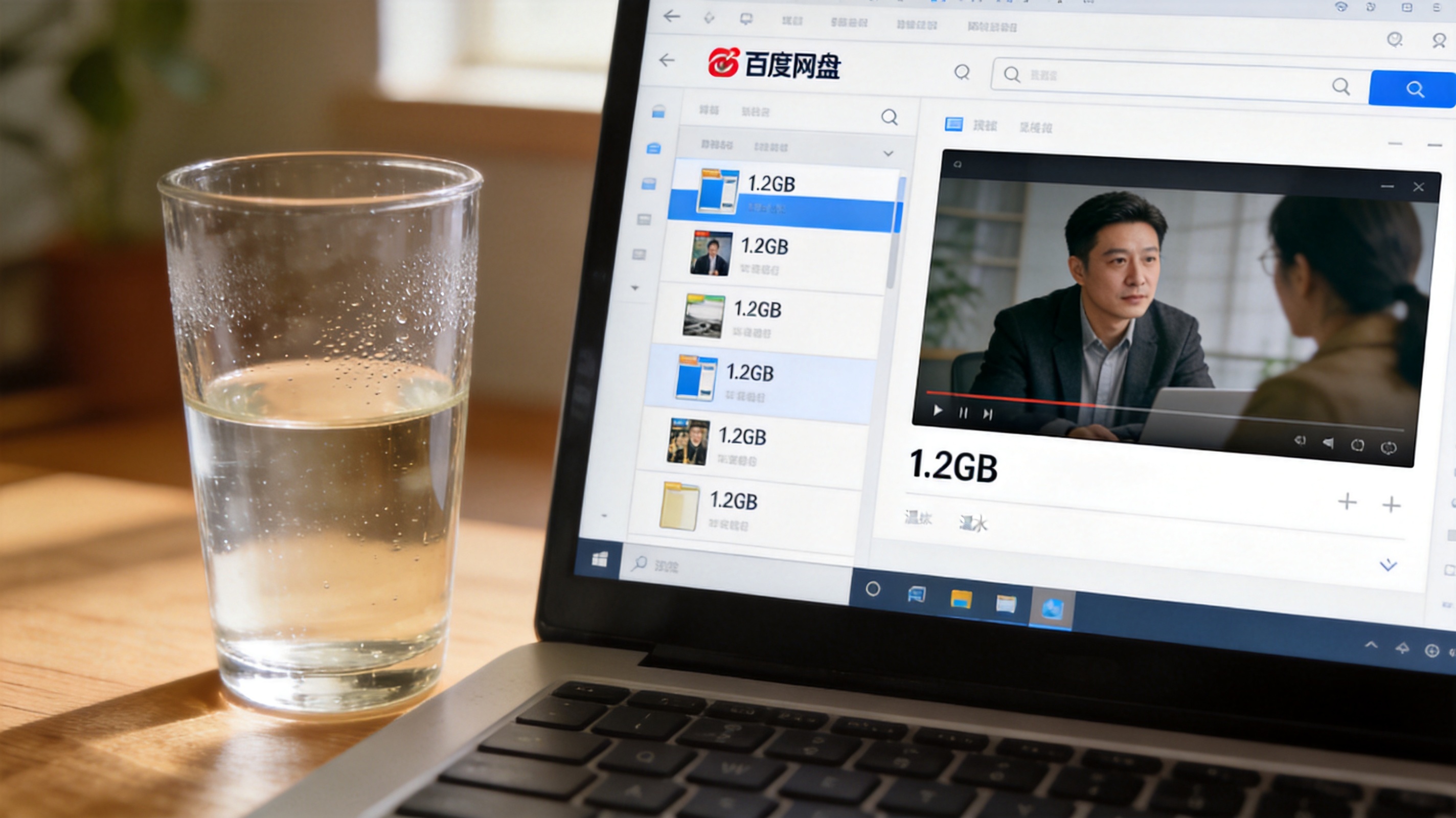 电脑桌面，屏幕显示百度网盘网页版界面，文件列表里有1.2GB的视频文件，旁边放着半杯温水，室内自然光