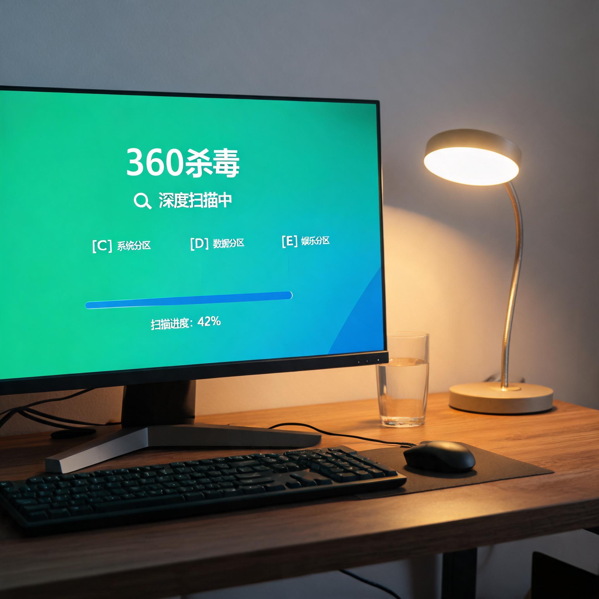 电脑桌上的电脑，屏幕显示360 杀毒软件深度扫描分区，旁边放着台灯