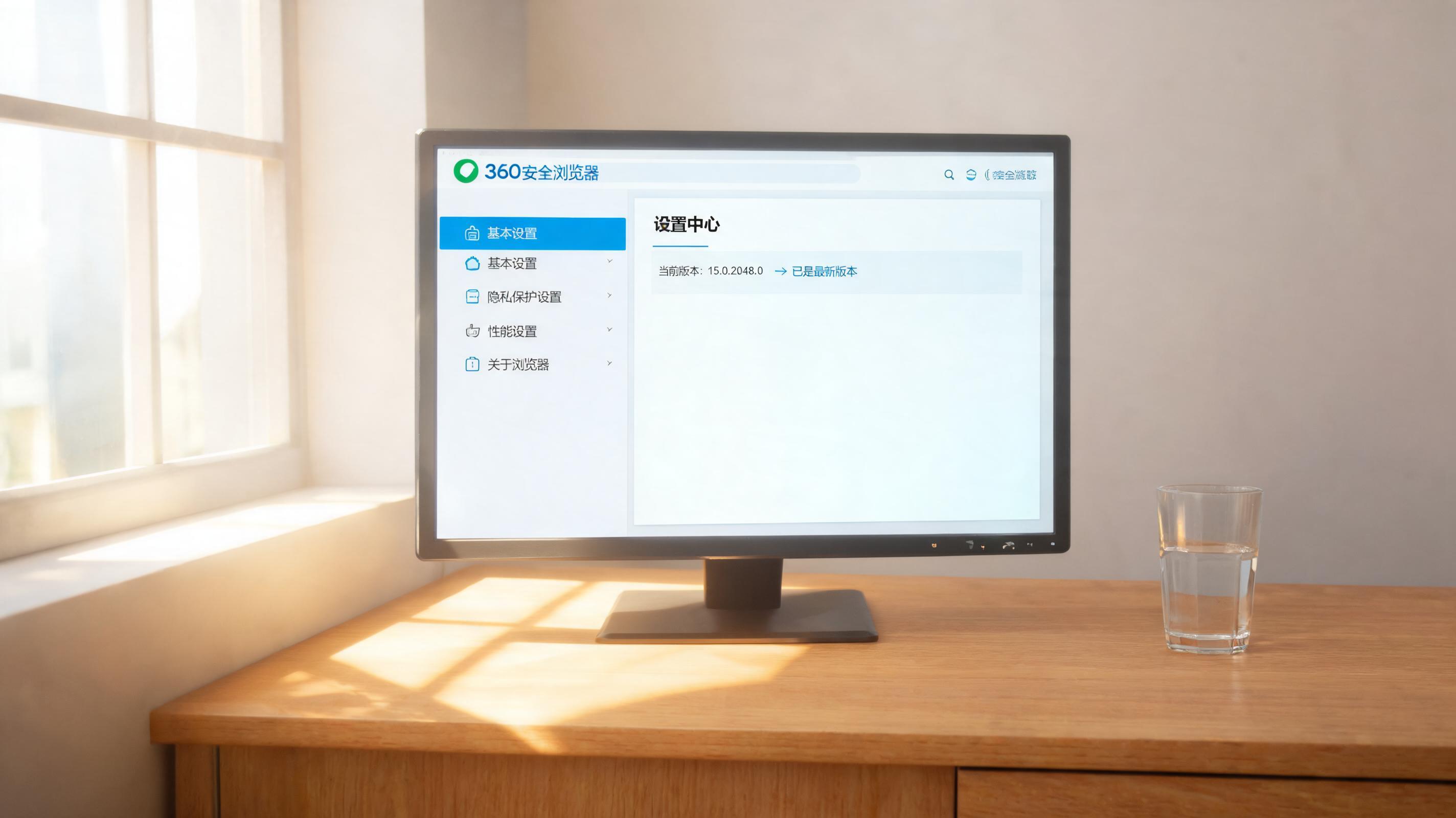 书桌上的电脑，屏幕显示360 安全浏览器最新版本设置界面，桌角放着水杯，自然光