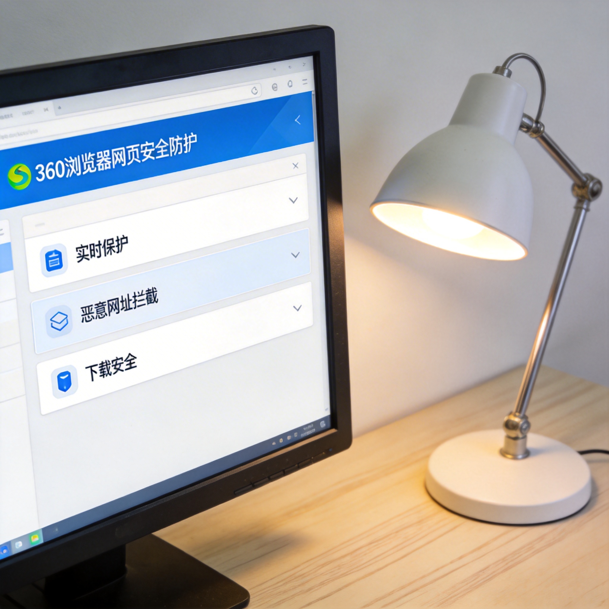 电脑桌上的电脑，屏幕显示360 浏览器网页安全防护菜单，旁边放着台灯
