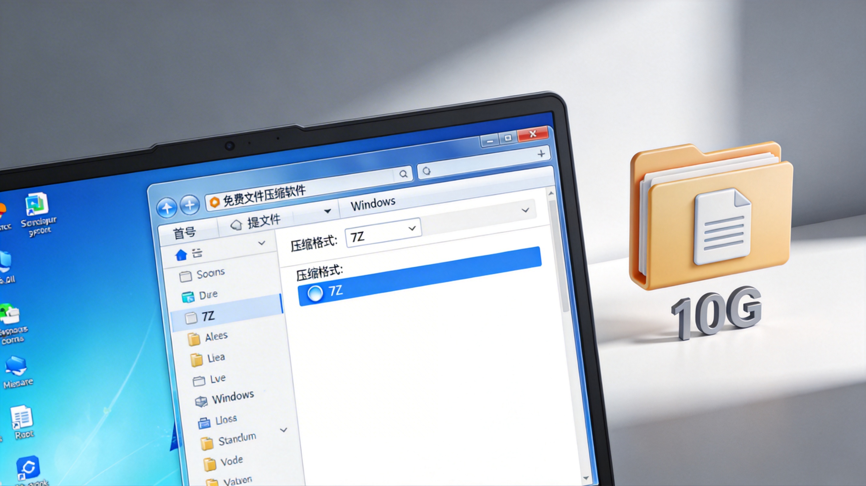 Windows系统的电脑桌面，屏幕显示免费文件压缩软件官方界面，选中7Z压缩格式，旁边放着标注10G容量的文件夹，室内自然光
