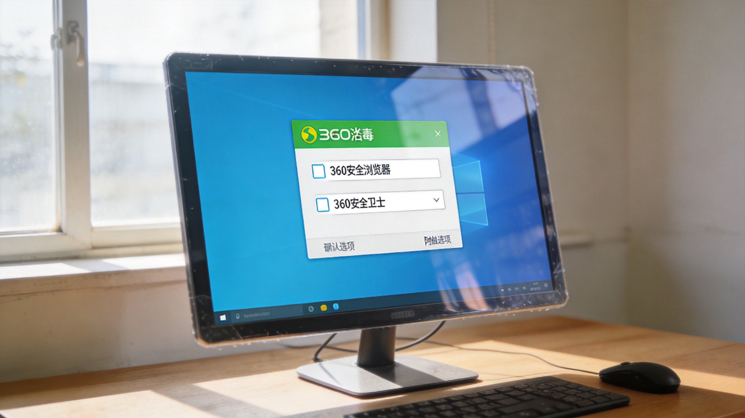 电脑桌面，屏幕显示Windows系统下的360杀毒软件安装界面，界面上有默认勾选的附加选项框，室内自然光
