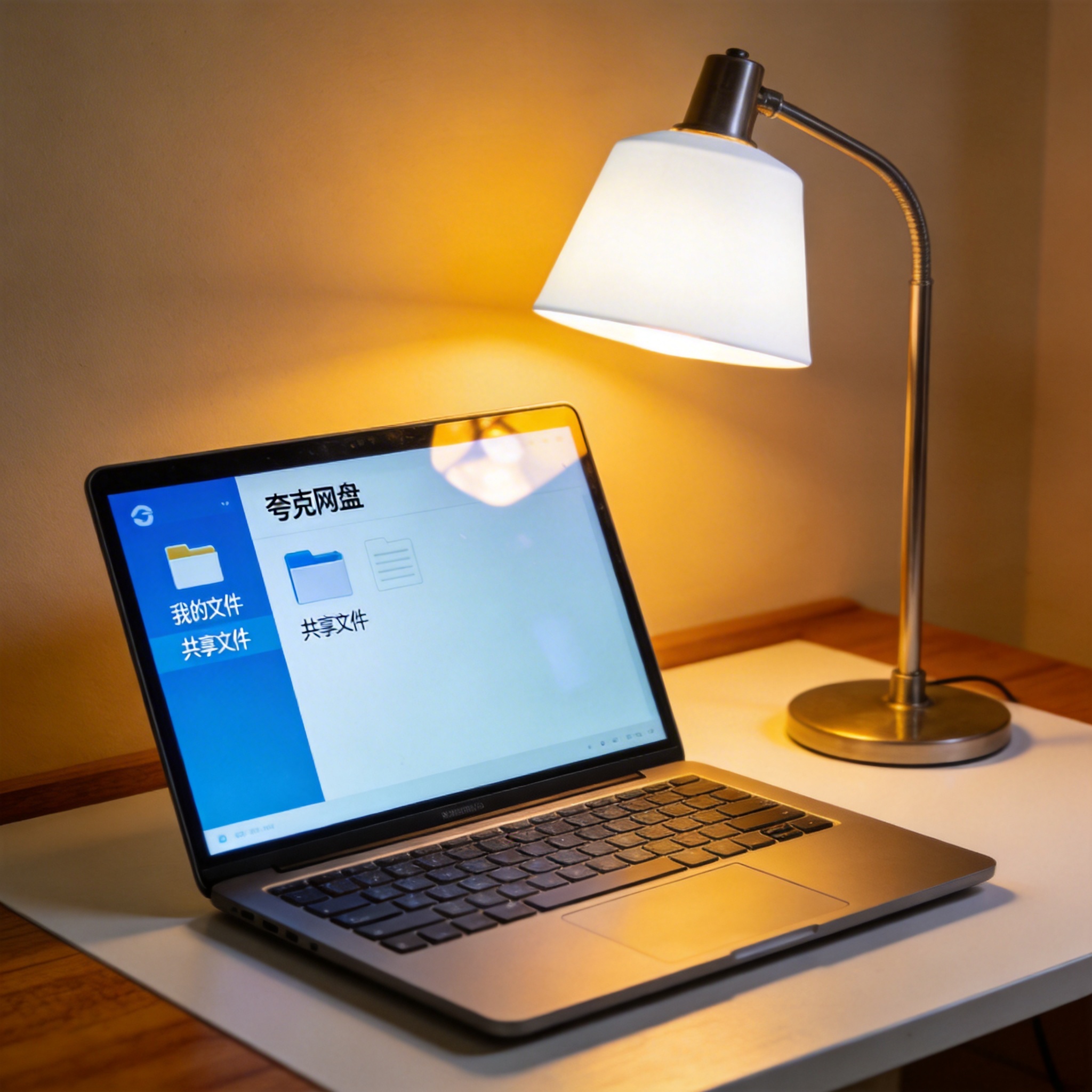 电脑桌上的电脑，屏幕显示夸克网盘桌面，旁边放着台灯