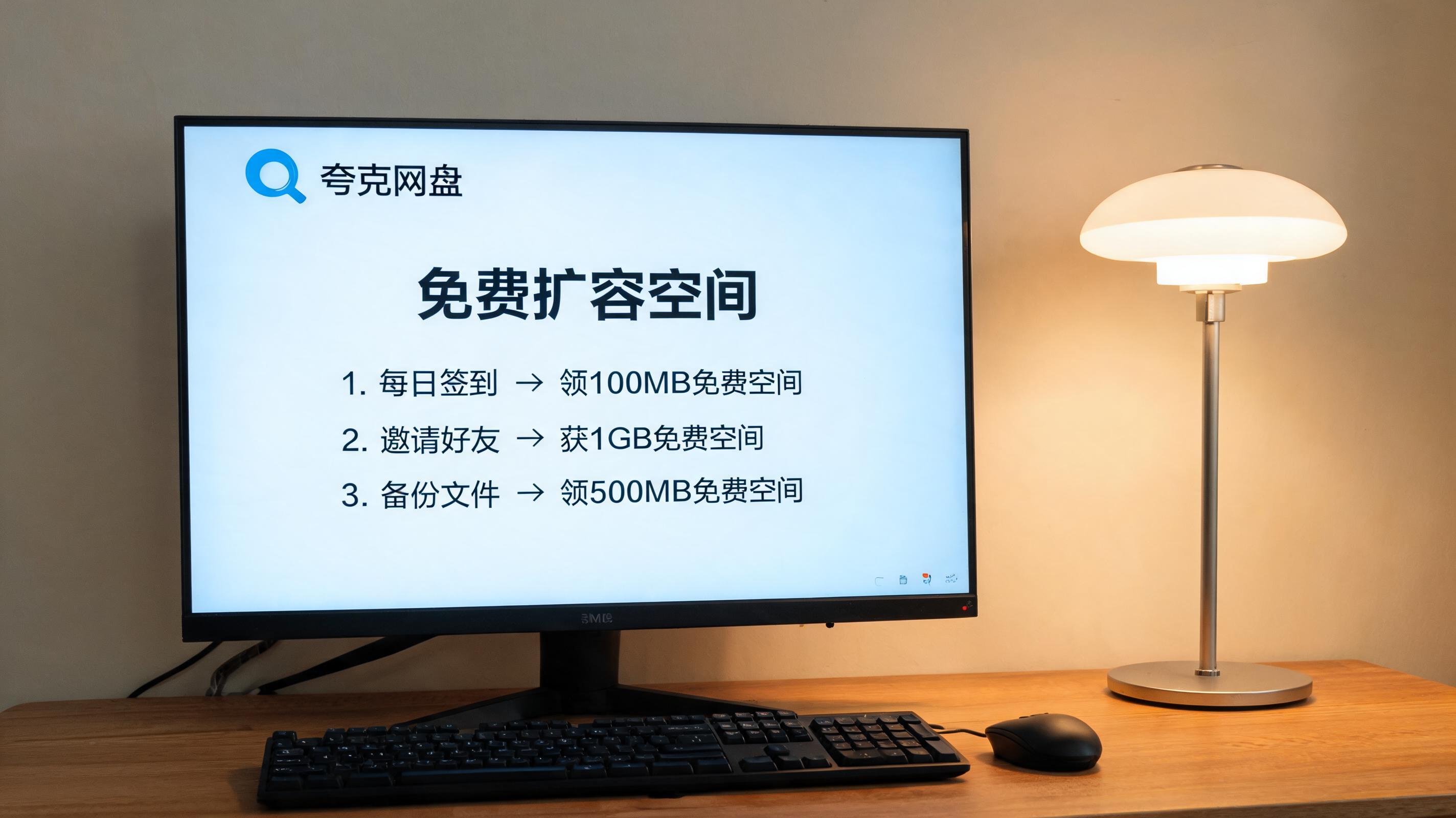 电脑桌上的电脑，屏幕显示夸克网盘怎么扩容免费空间界面，旁边放着台灯