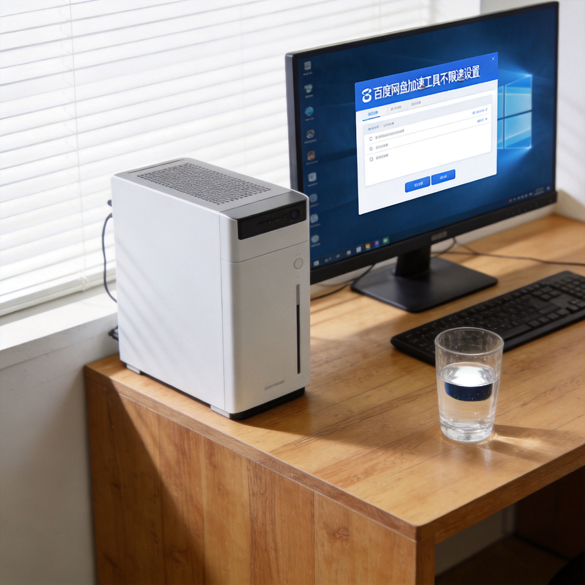 书桌上的主机，屏幕显示百度网盘加速工具不限速设置界面，桌角放着水杯，自然光