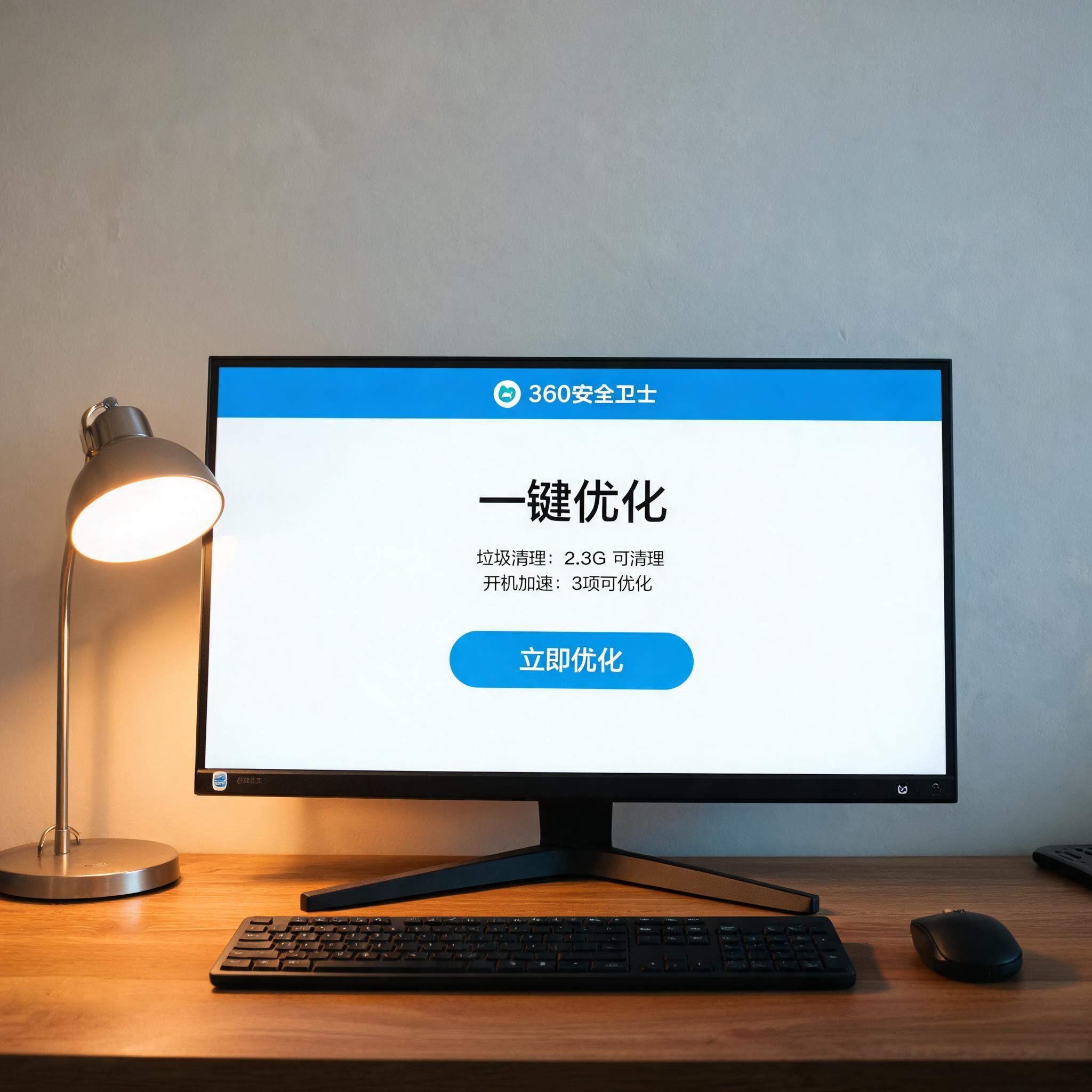 电脑桌上的电脑，屏幕显示360 卫士一键优化功能界面，旁边放着台灯