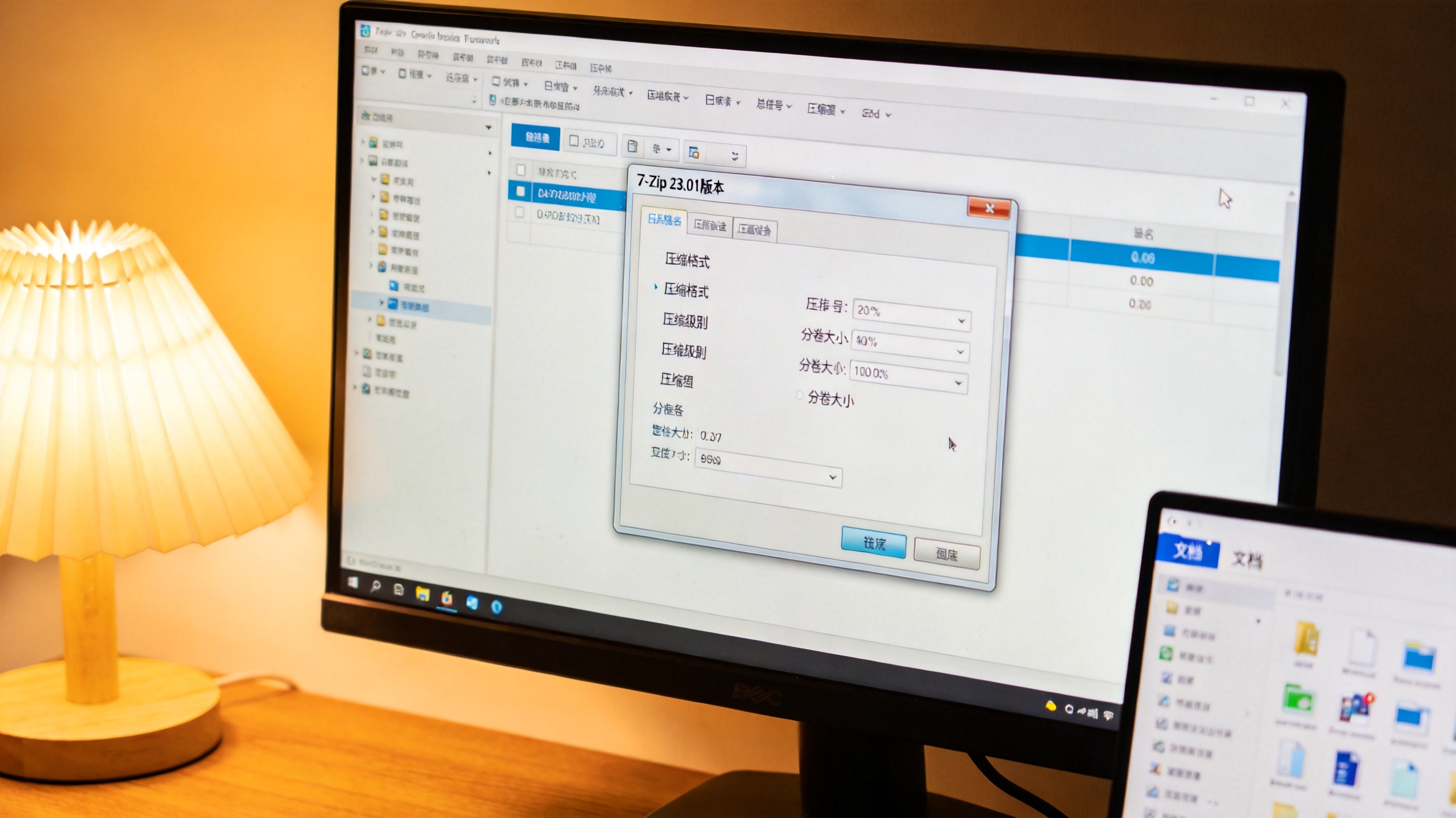 电脑屏幕显示7-Zip 23.01版本的压缩设置界面，桌面右下角有未关闭的文件夹窗口，台灯暖光