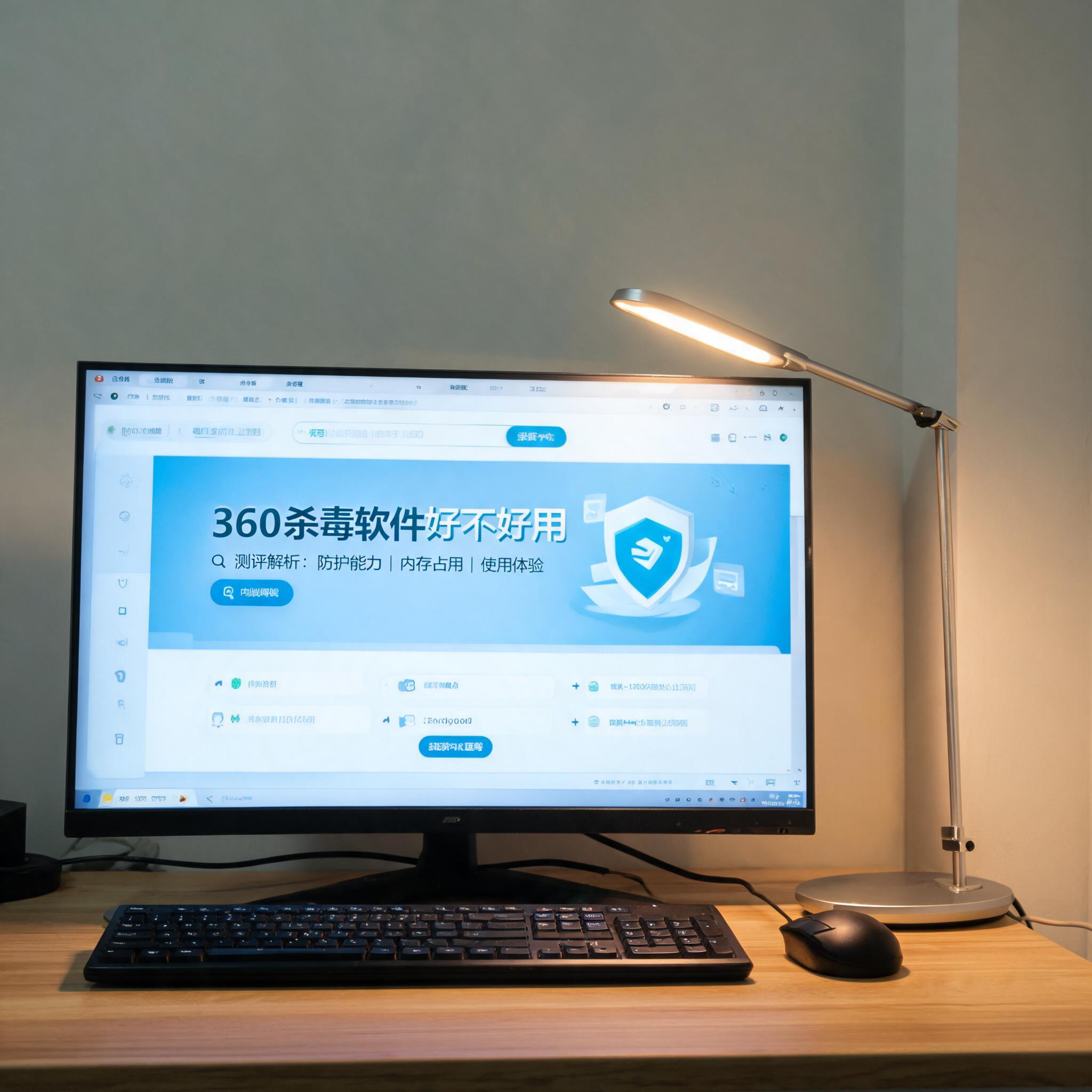 电脑桌上的电脑，屏幕显示360 杀毒软件好不好用界面，旁边放着台灯