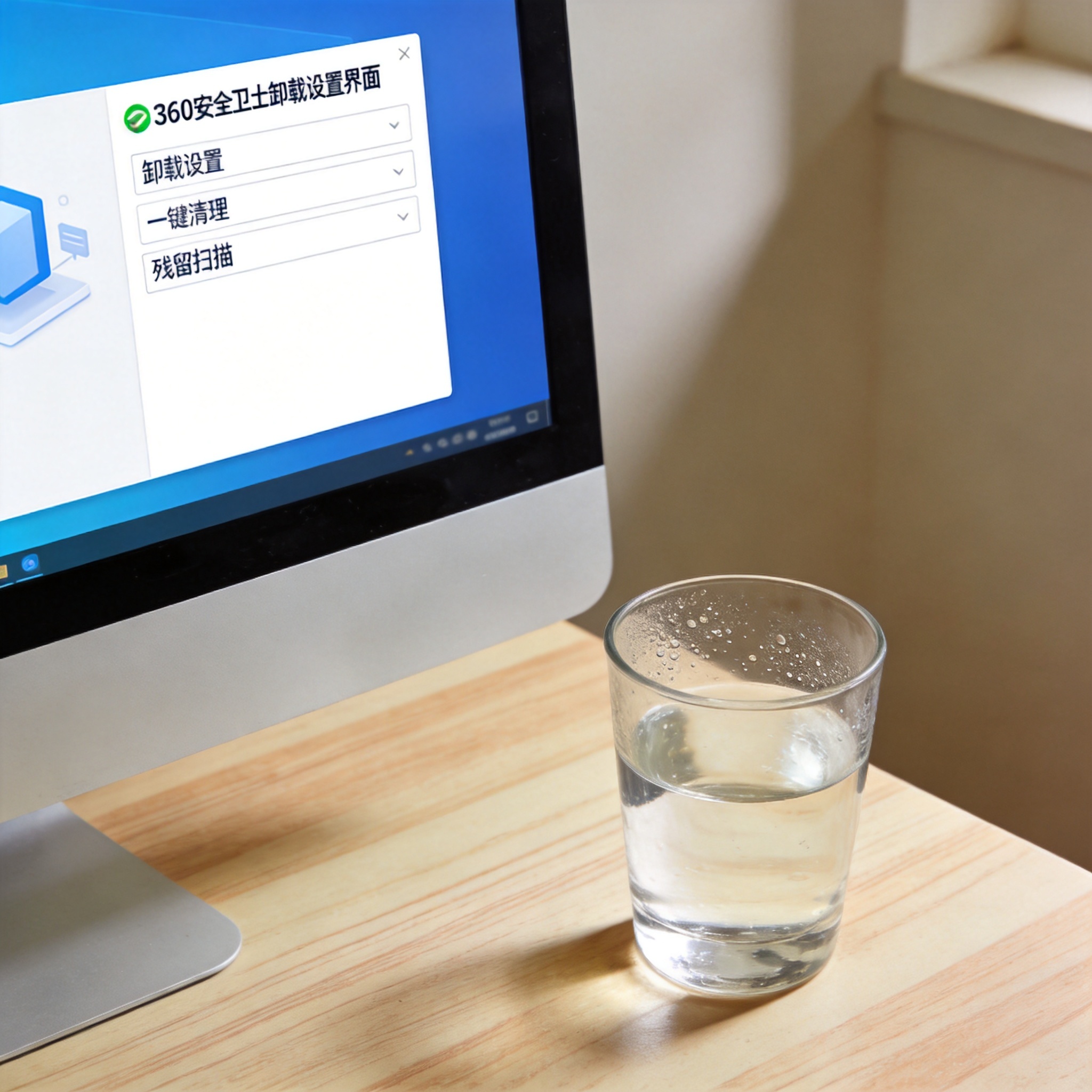 书桌上的主机，屏幕显示360 安全卫士如何卸载设置界面，桌角放着水杯，自然光