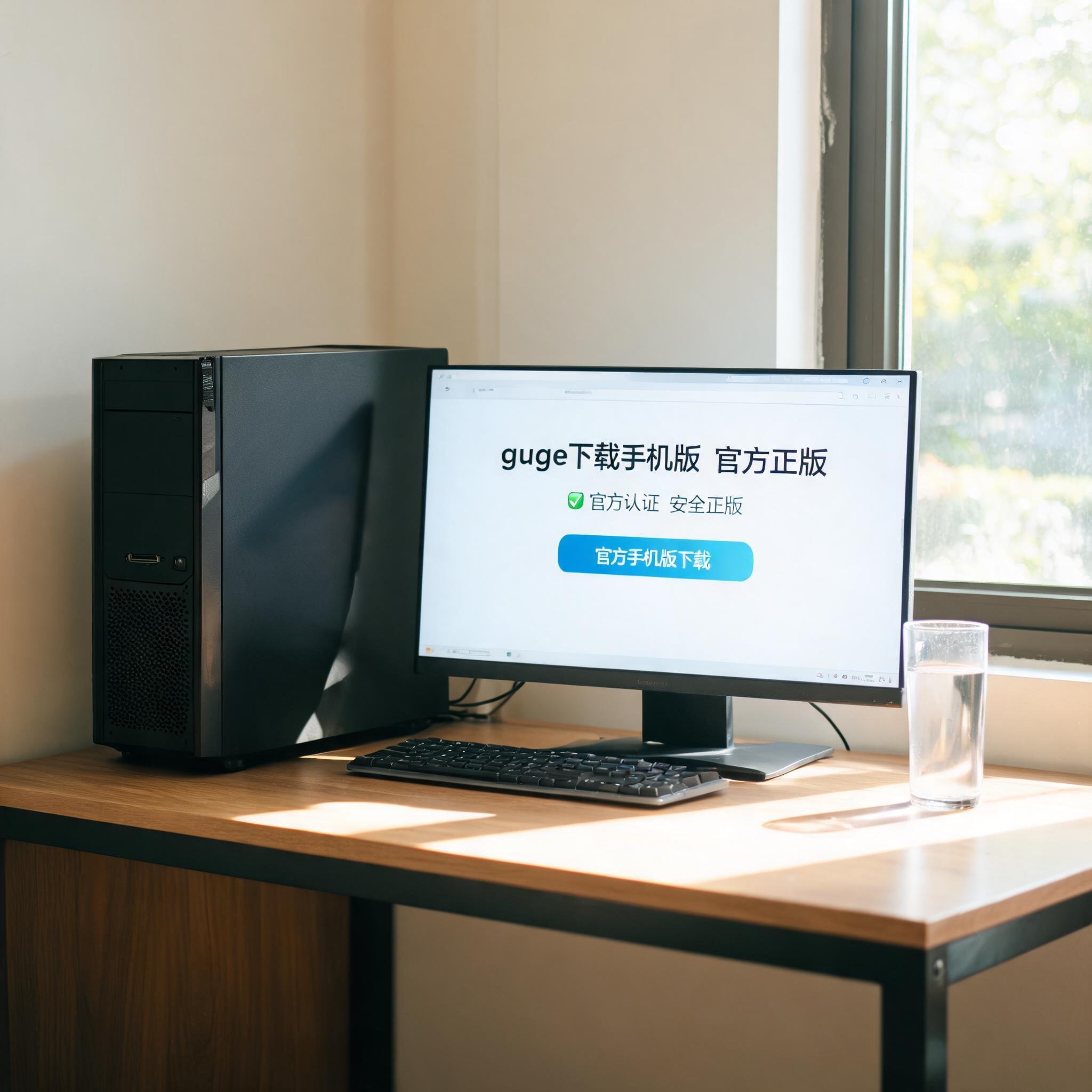 书桌上的主机，屏幕显示guge下载手机版官方正版设置界面，桌角放着水杯，自然光