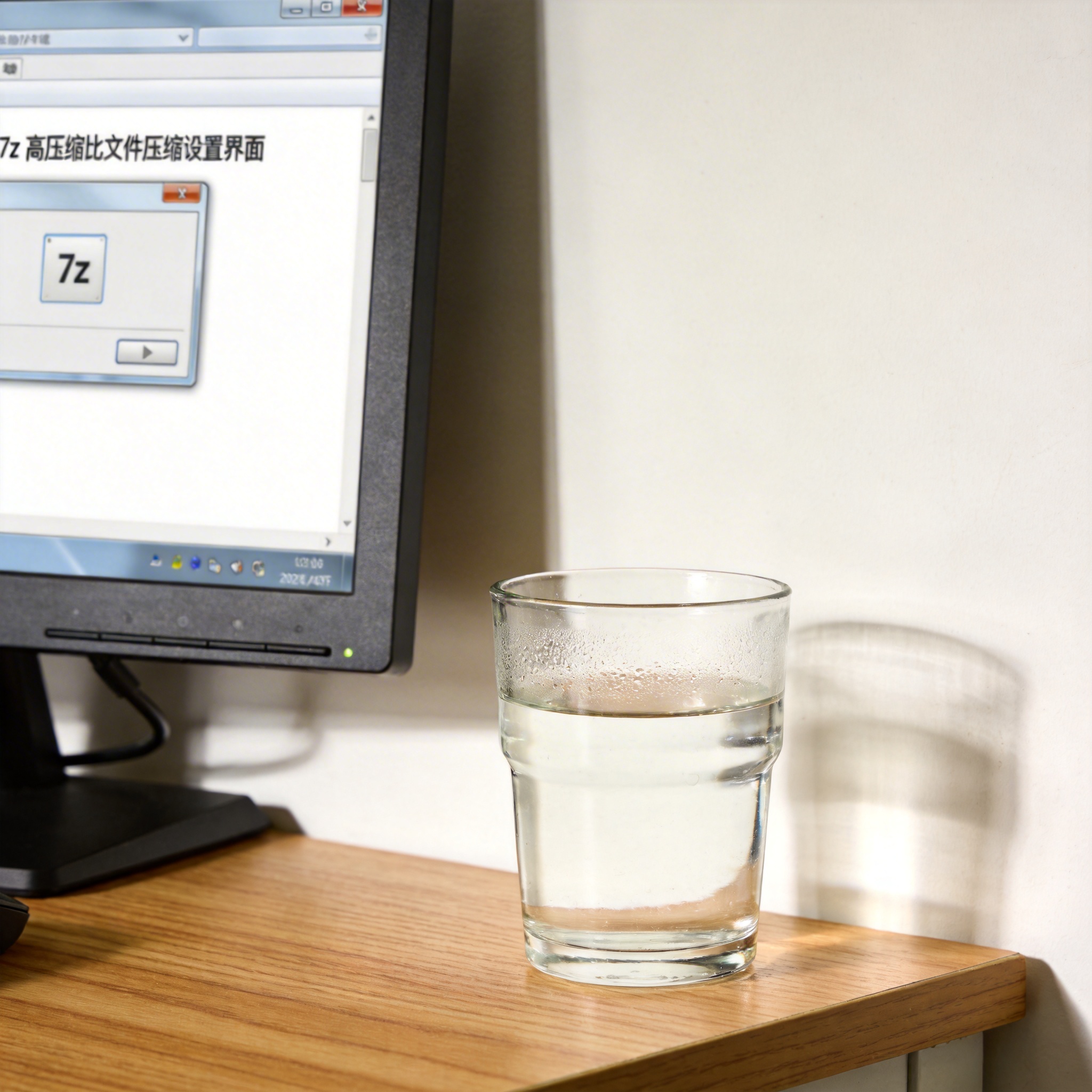 书桌上的电脑，屏幕显示7z 高压缩比文件压缩设置界面，桌角放着水杯，自然光