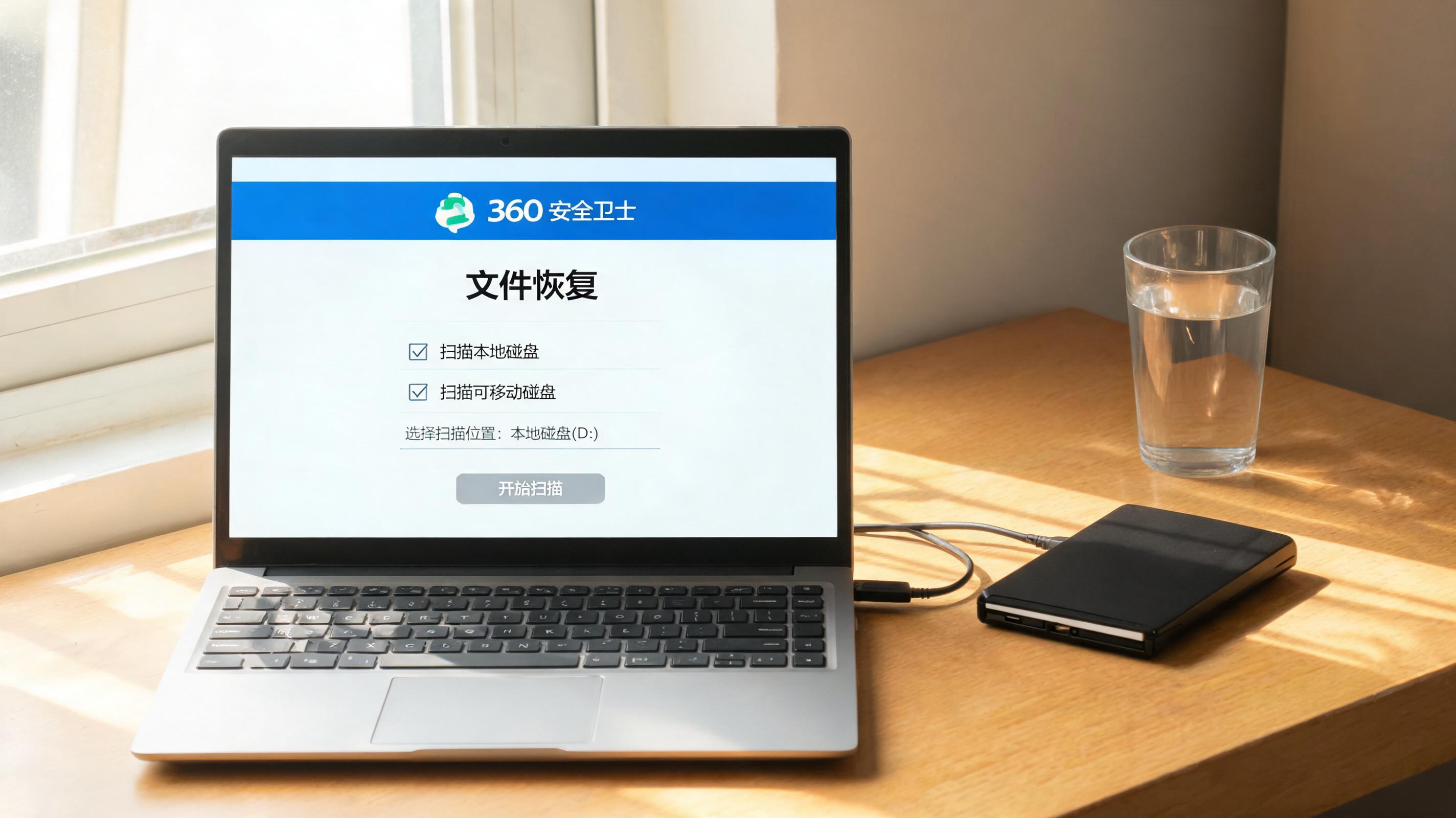书桌上的硬盘，屏幕显示360 安全卫士文件恢复功能设置界面，桌角放着水杯，自然光