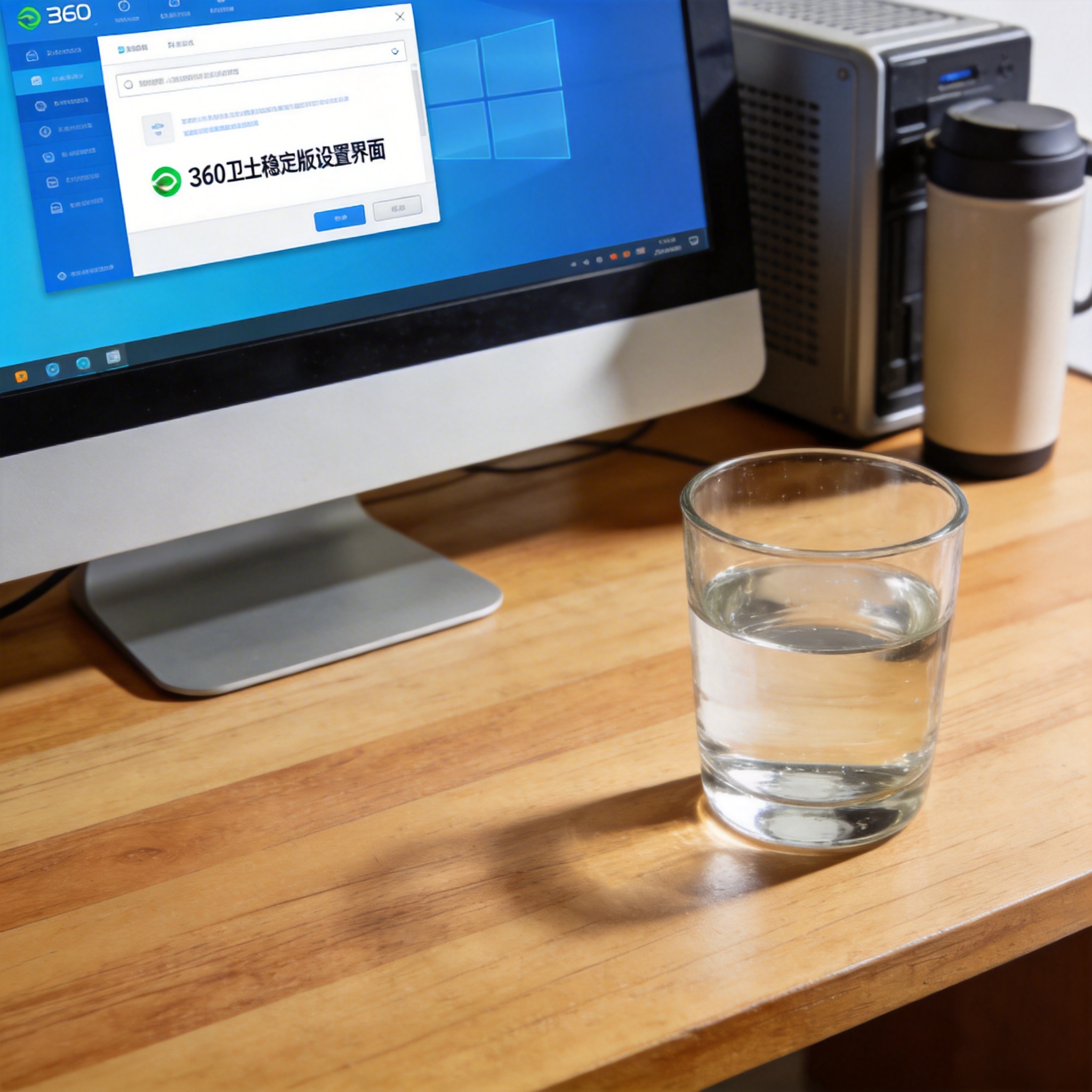 书桌上的主机，屏幕显示360 卫士稳定版设置界面，桌角放着水杯，自然光