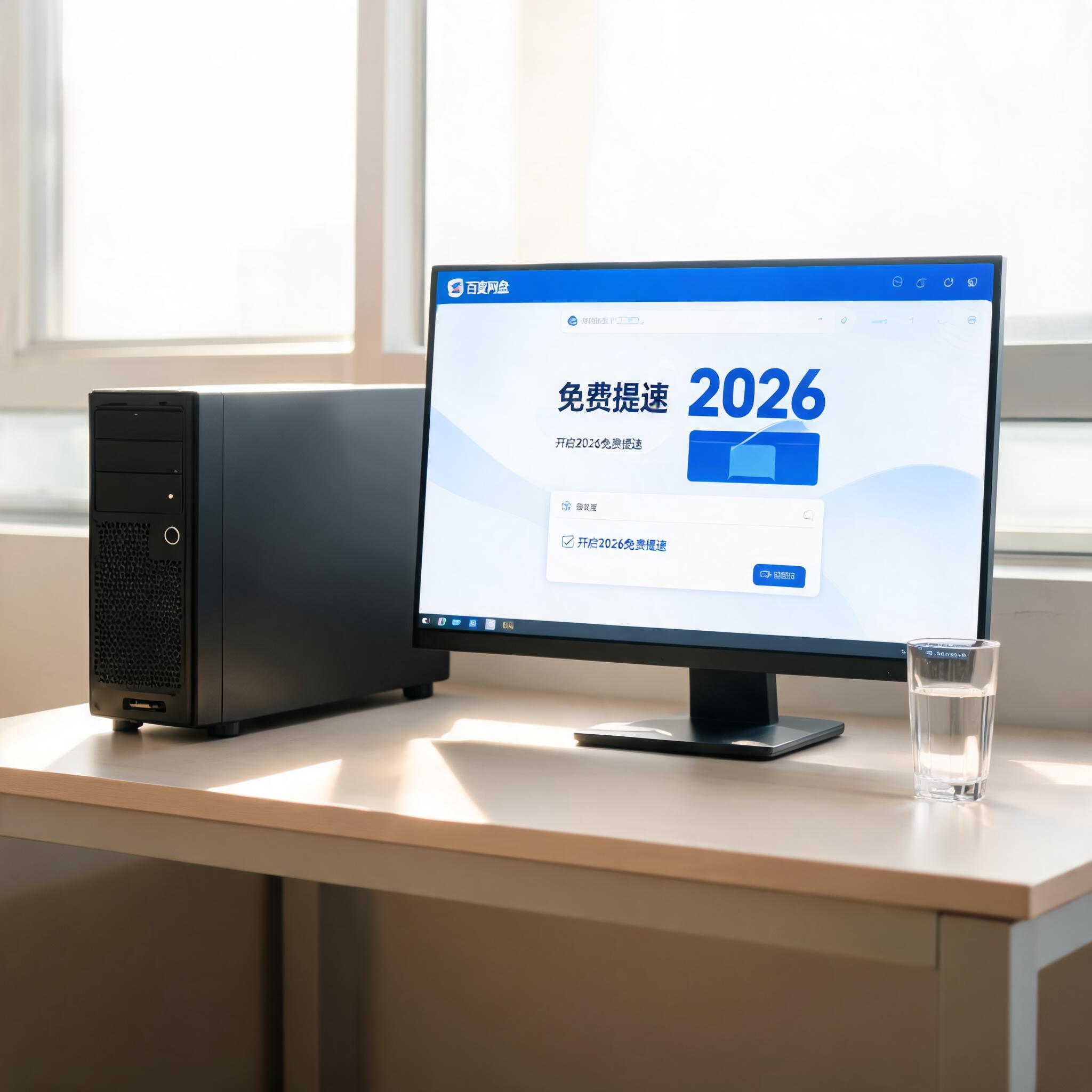 书桌上的主机，屏幕显示百度网盘免费提速 2026设置界面，桌角放着水杯，自然光