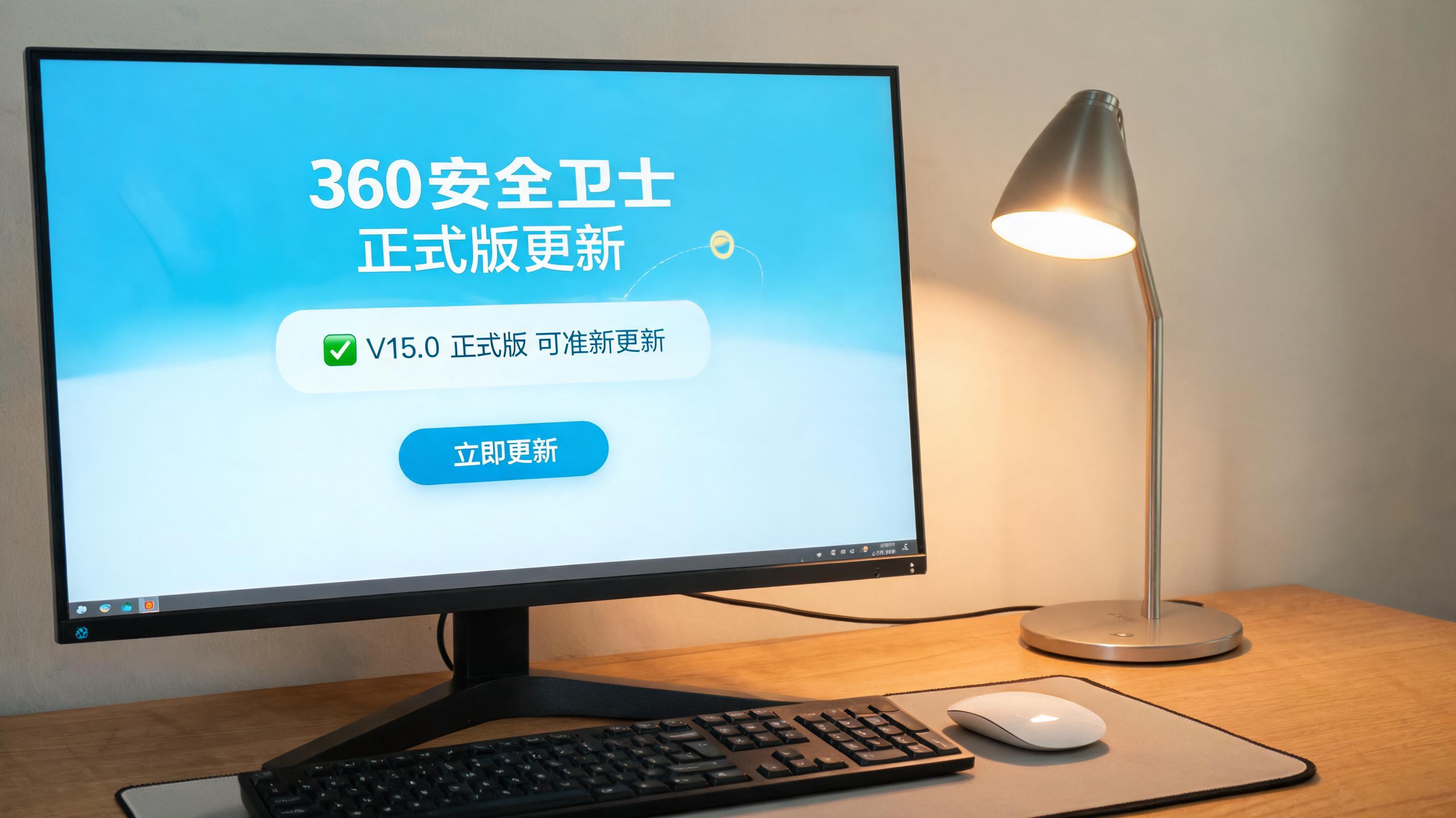 电脑桌上的电脑，屏幕显示360 安全卫士正式版更新界面，旁边放着台灯