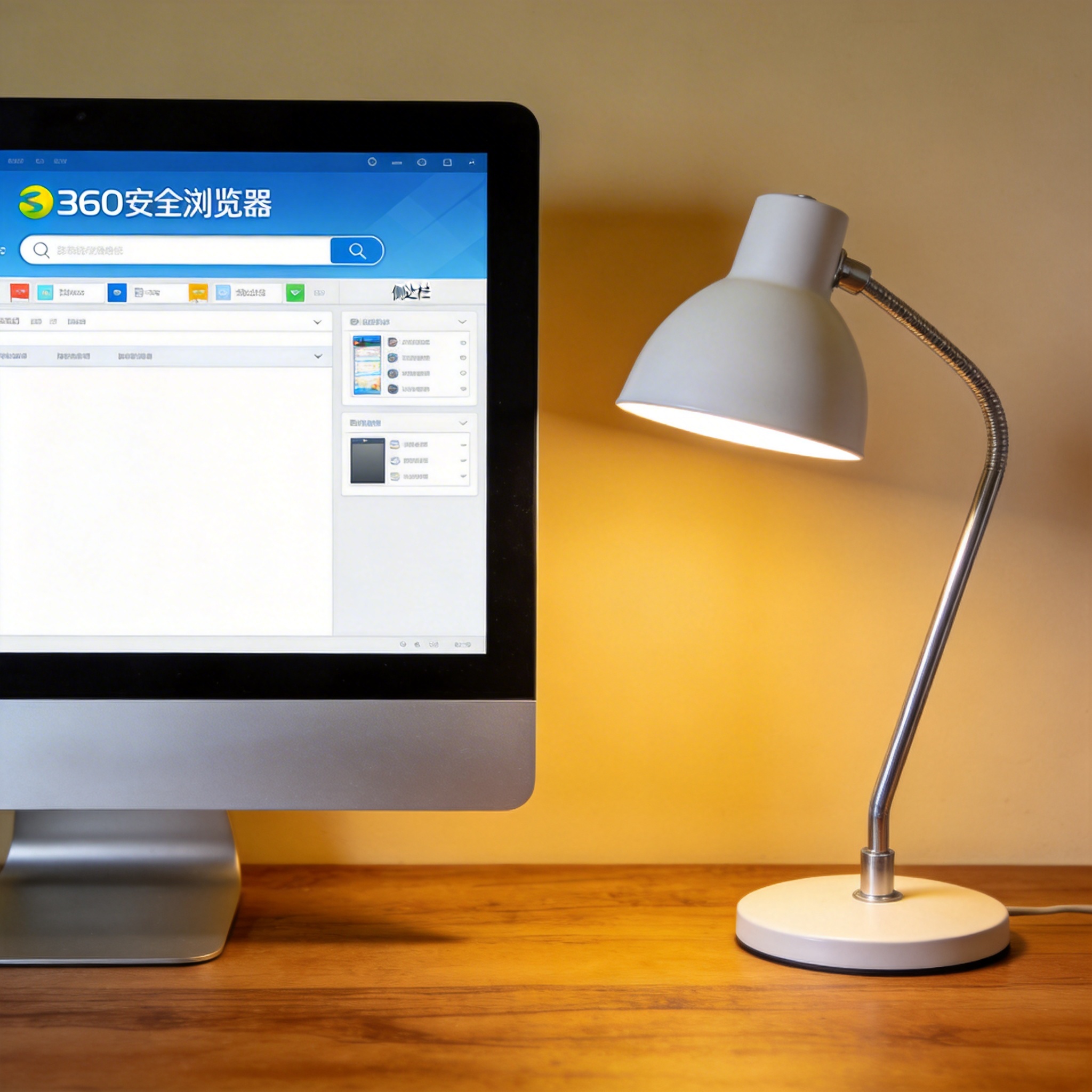 电脑桌上的电脑，屏幕显示360安全浏览器界面，旁边放着台灯