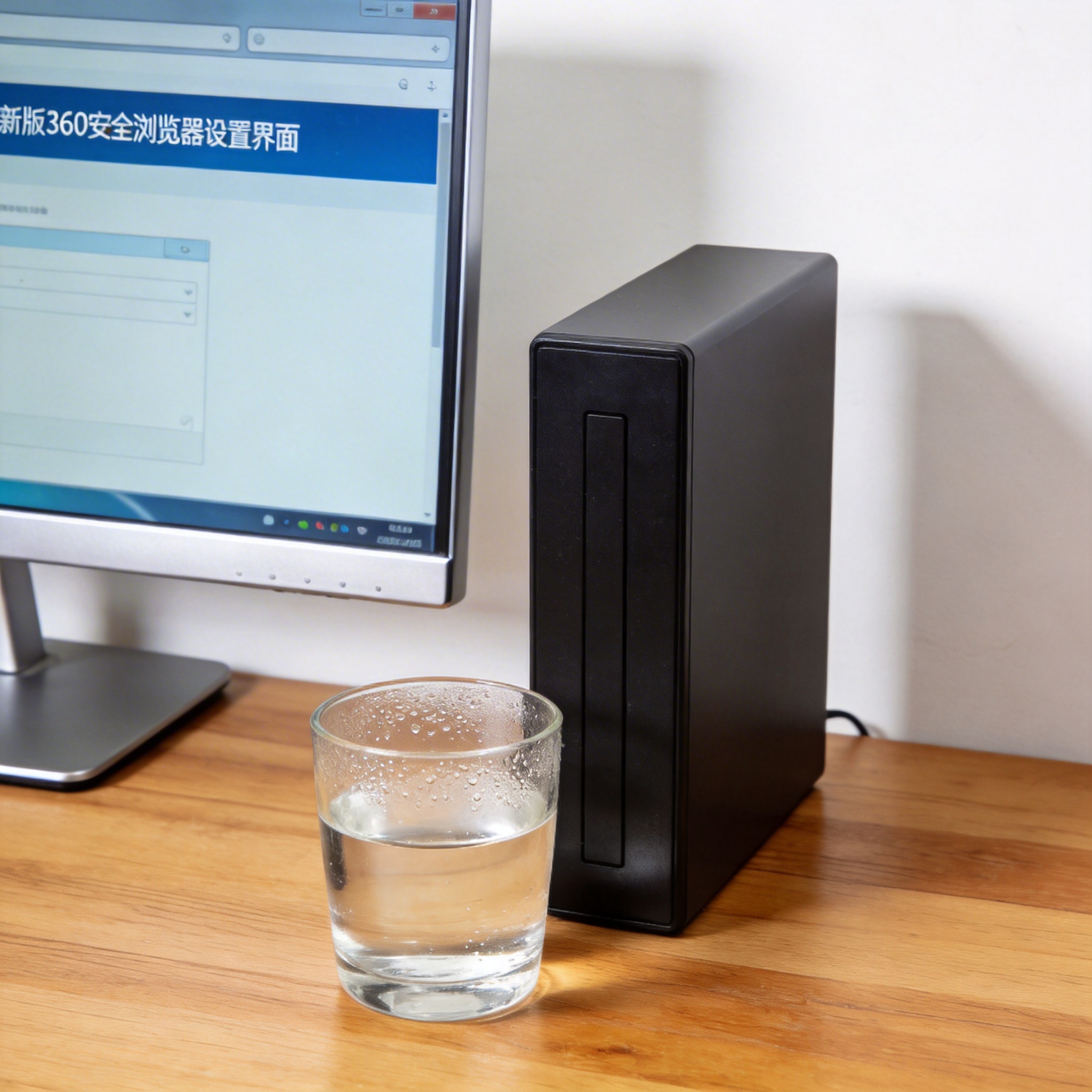 书桌上的主机，屏幕显示新版 360 安全浏览器设置界面，桌角放着水杯，自然光