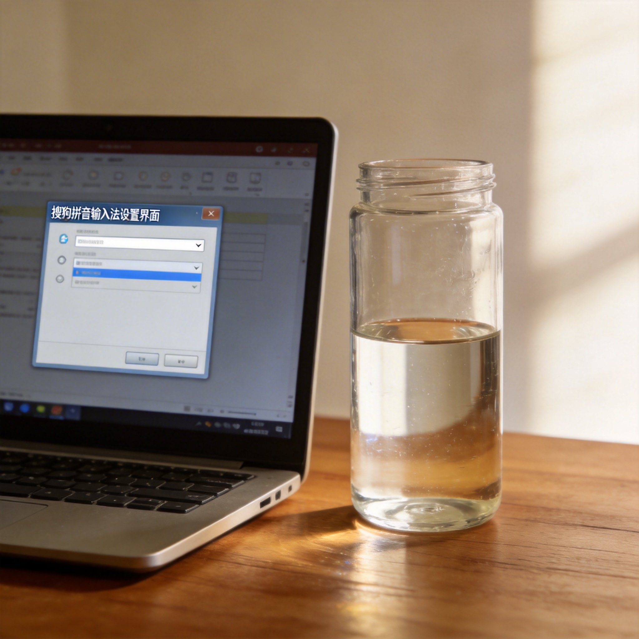 书桌上的笔记本，屏幕显示搜狗拼音输入法设置界面，桌角放着水杯，自然光