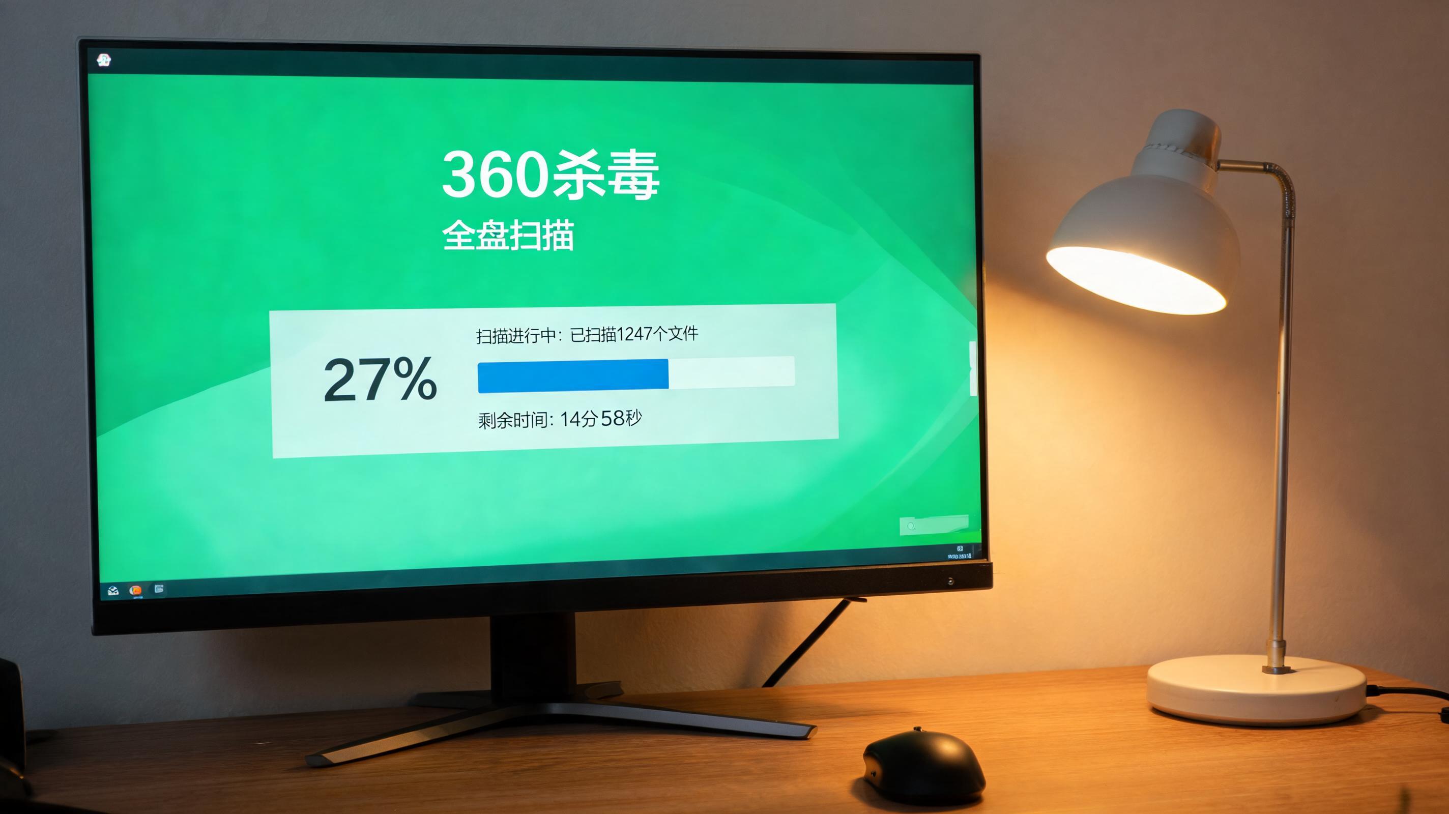 电脑桌上的电脑，屏幕显示360 杀毒全盘扫描进度条，旁边放着台灯