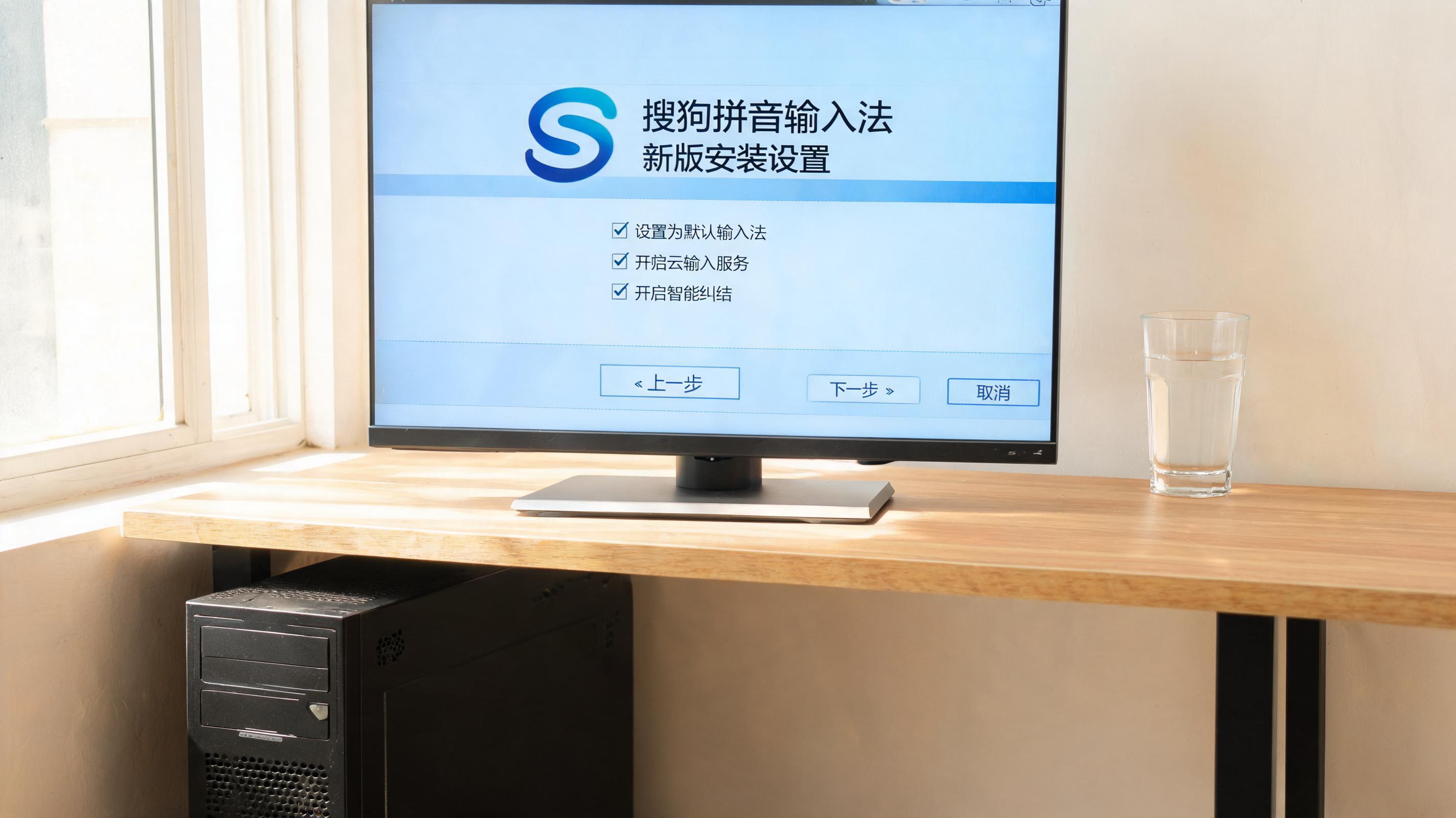 书桌上的主机，屏幕显示搜狗拼音输入法新版安装设置界面，桌角放着水杯，自然光