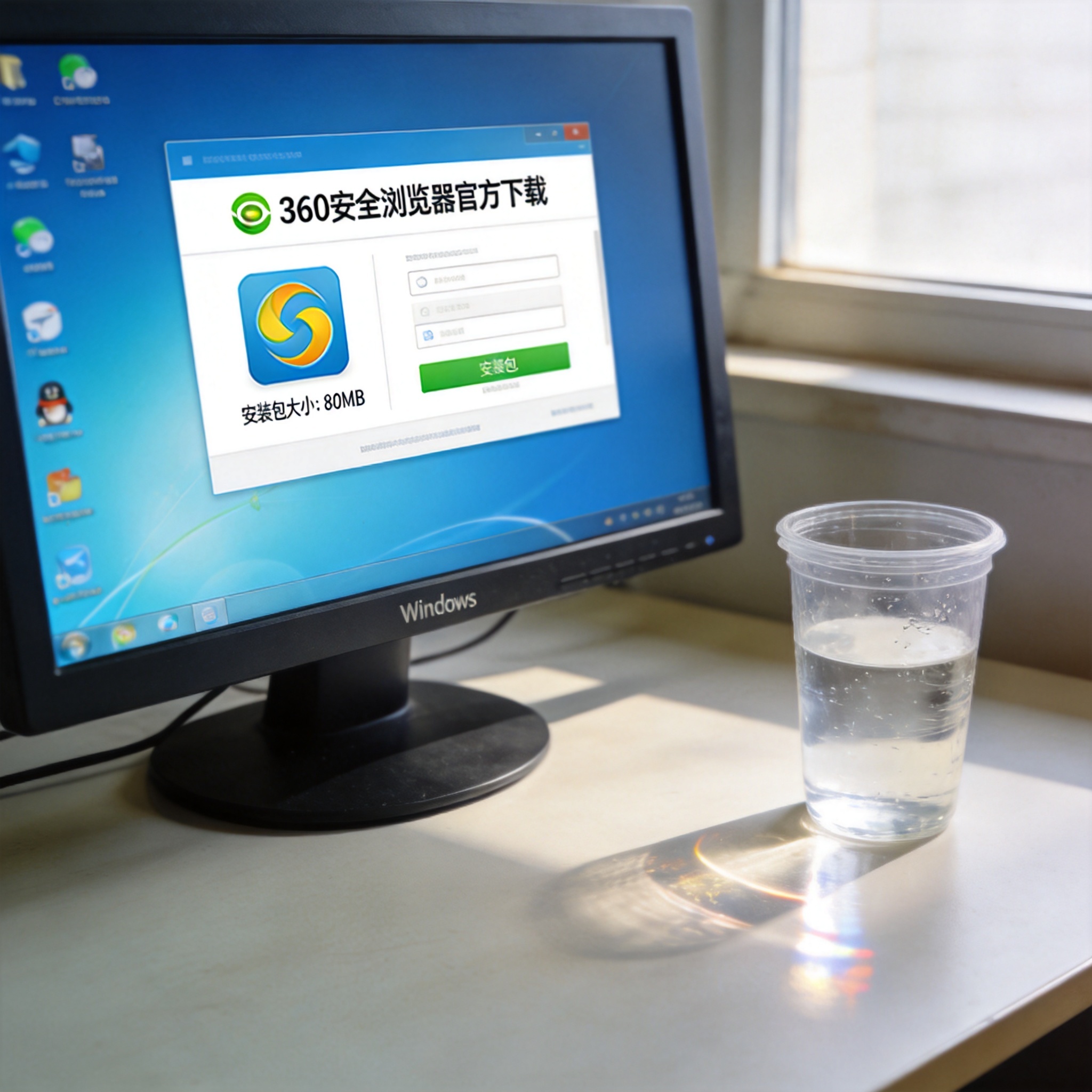 电脑桌的Windows系统电脑，屏幕显示360安全浏览器官方下载页面，页面标注安装包大小80MB，桌面放着塑料水杯，室内自然光