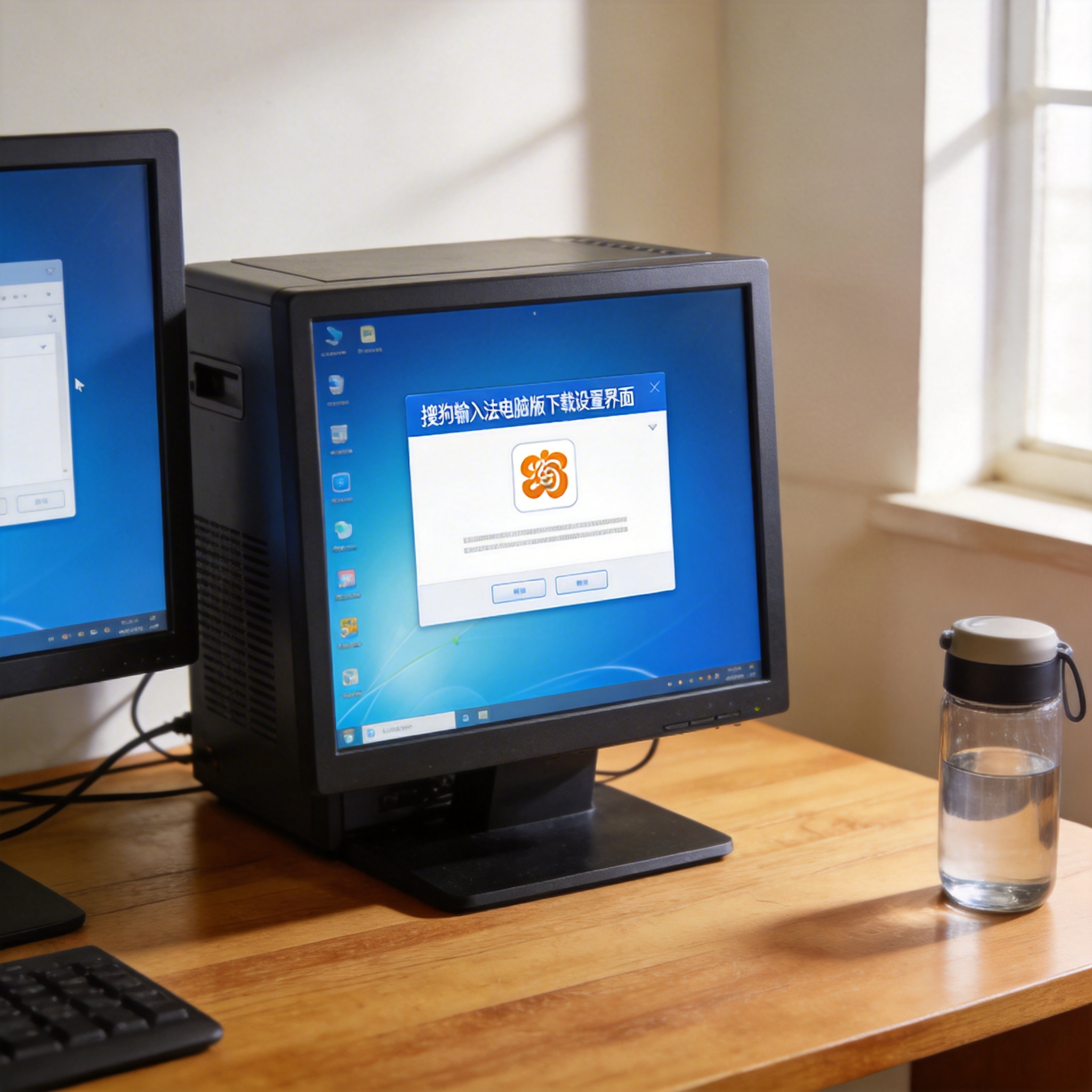 书桌上的主机，屏幕显示搜狗输入法电脑版下载设置界面，桌角放着水杯，自然光