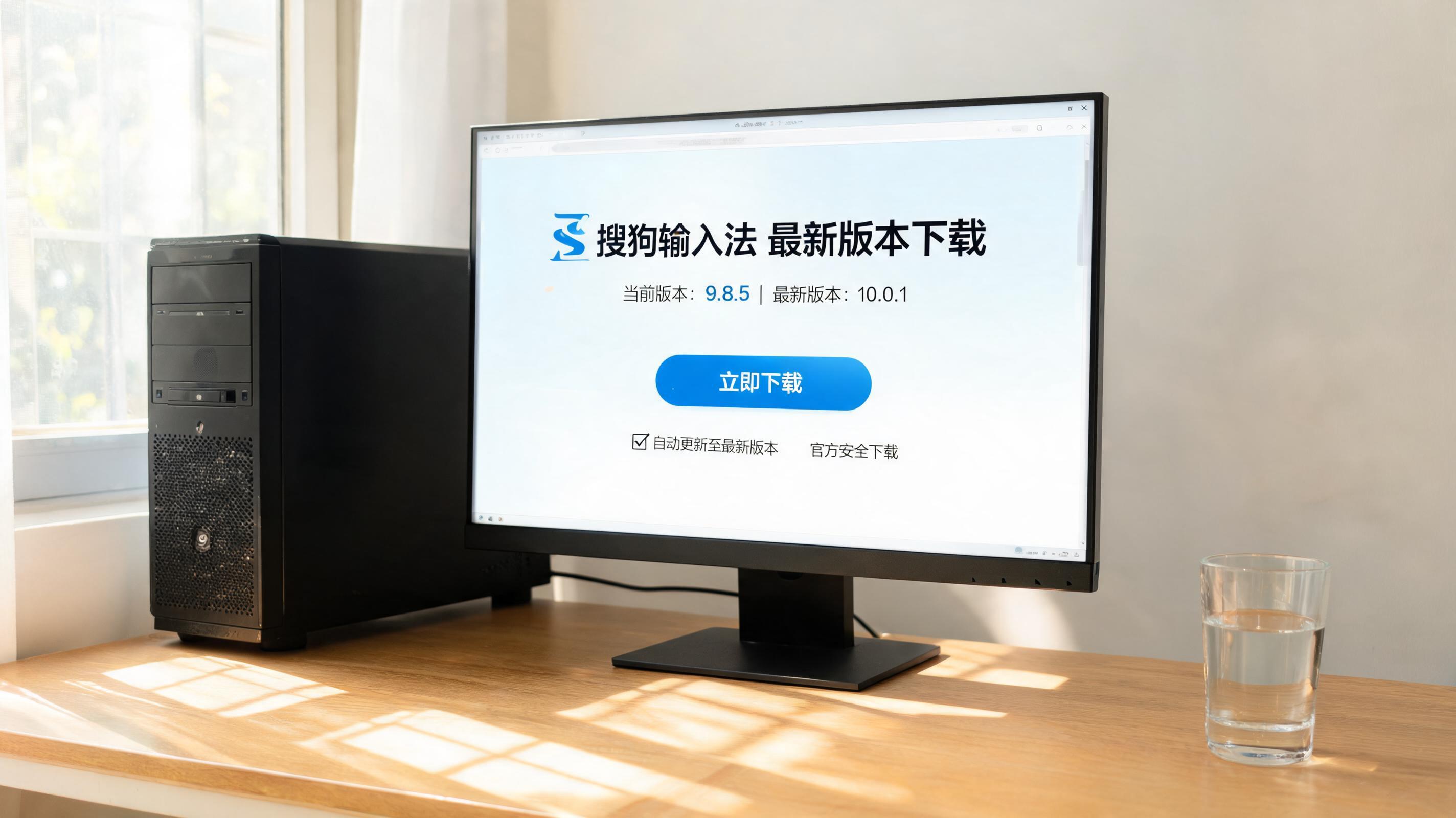 书桌上的主机，屏幕显示搜狗输入法最新版本下载设置界面，桌角放着水杯，自然光