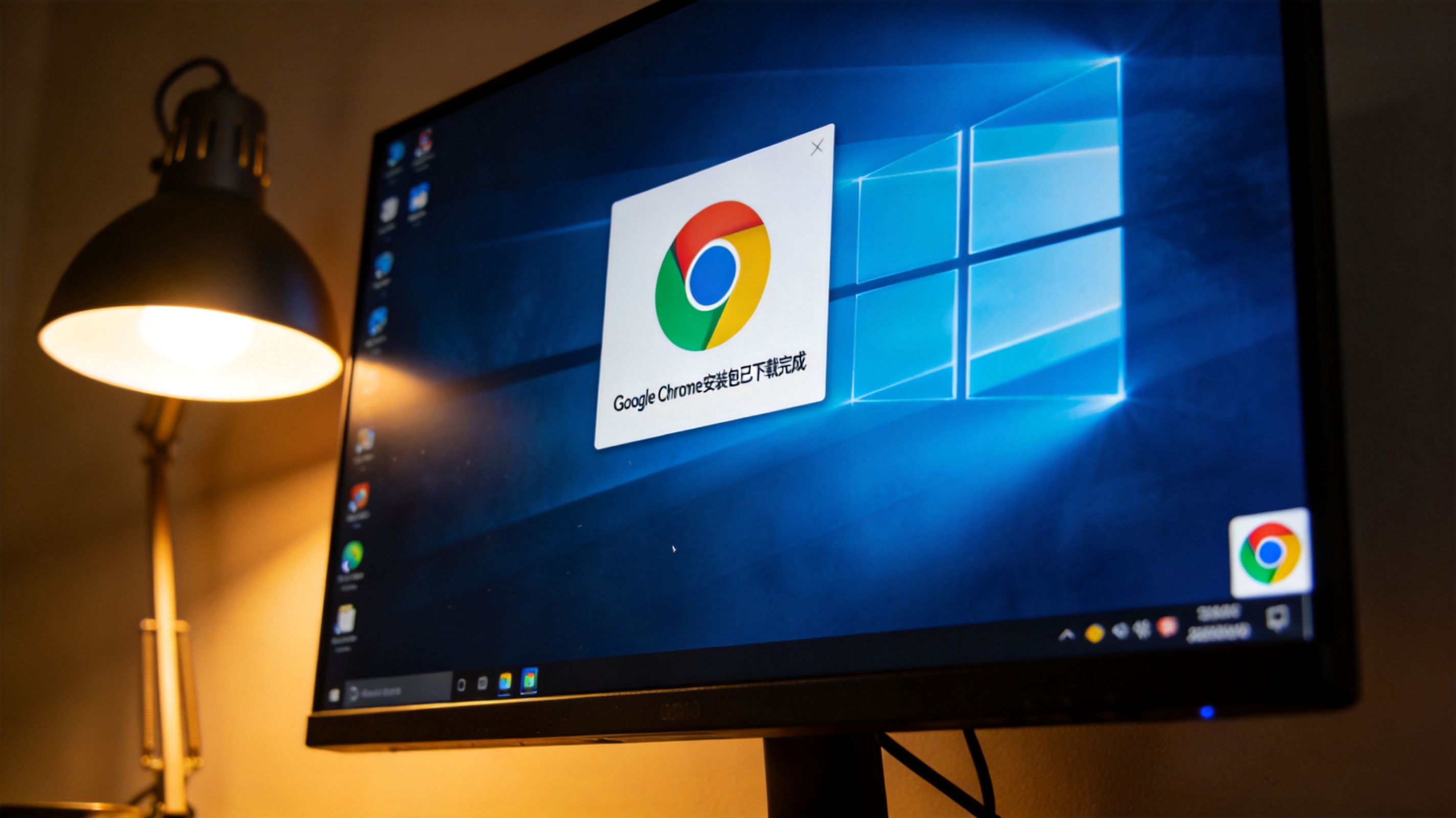 Windows10系统的电脑屏幕，显示Google Chrome安装包下载完成提示窗口，桌面右下角有系统托盘图标，台灯暖光