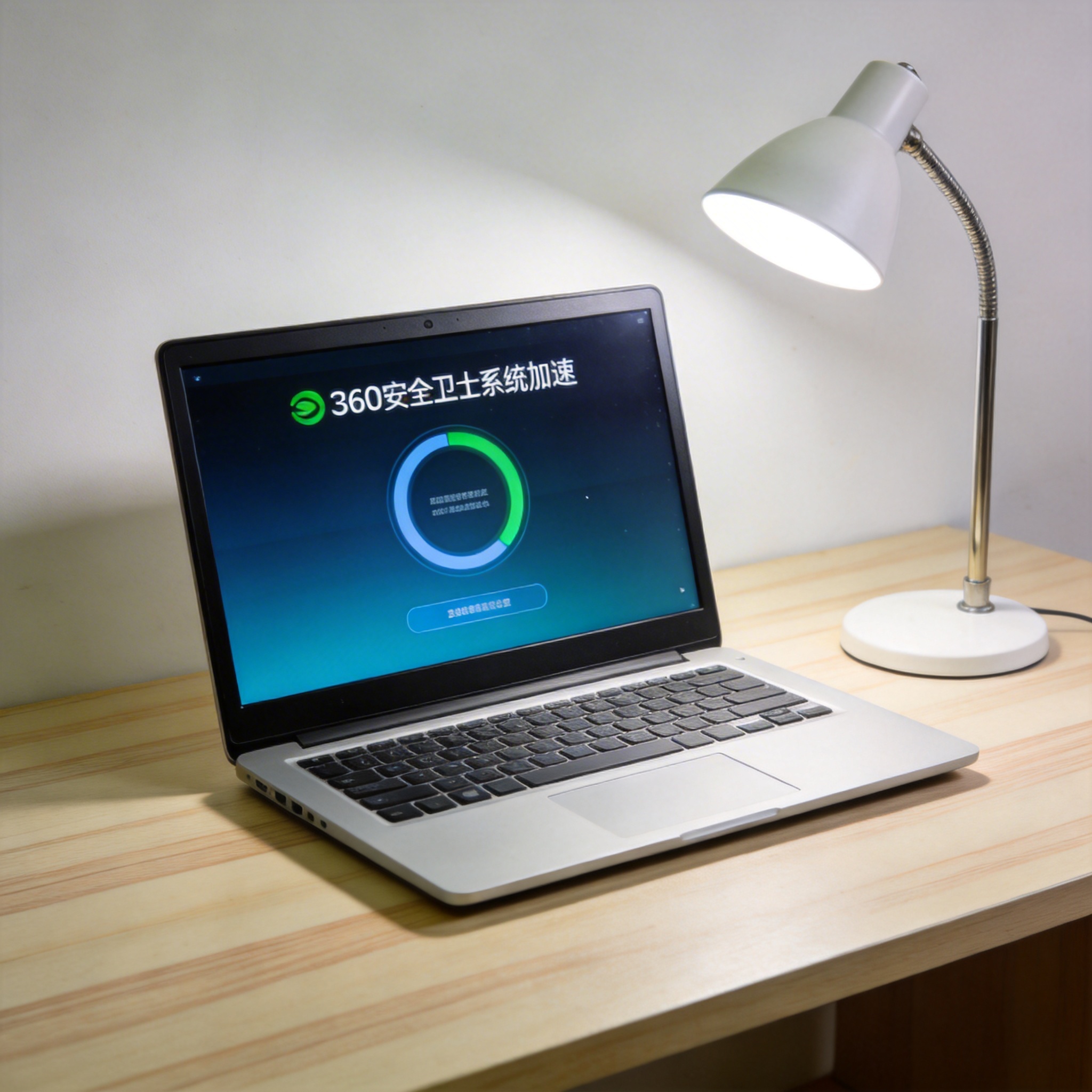 电脑桌上的电脑，屏幕显示360 安全卫士系统加速界面，旁边放着台灯