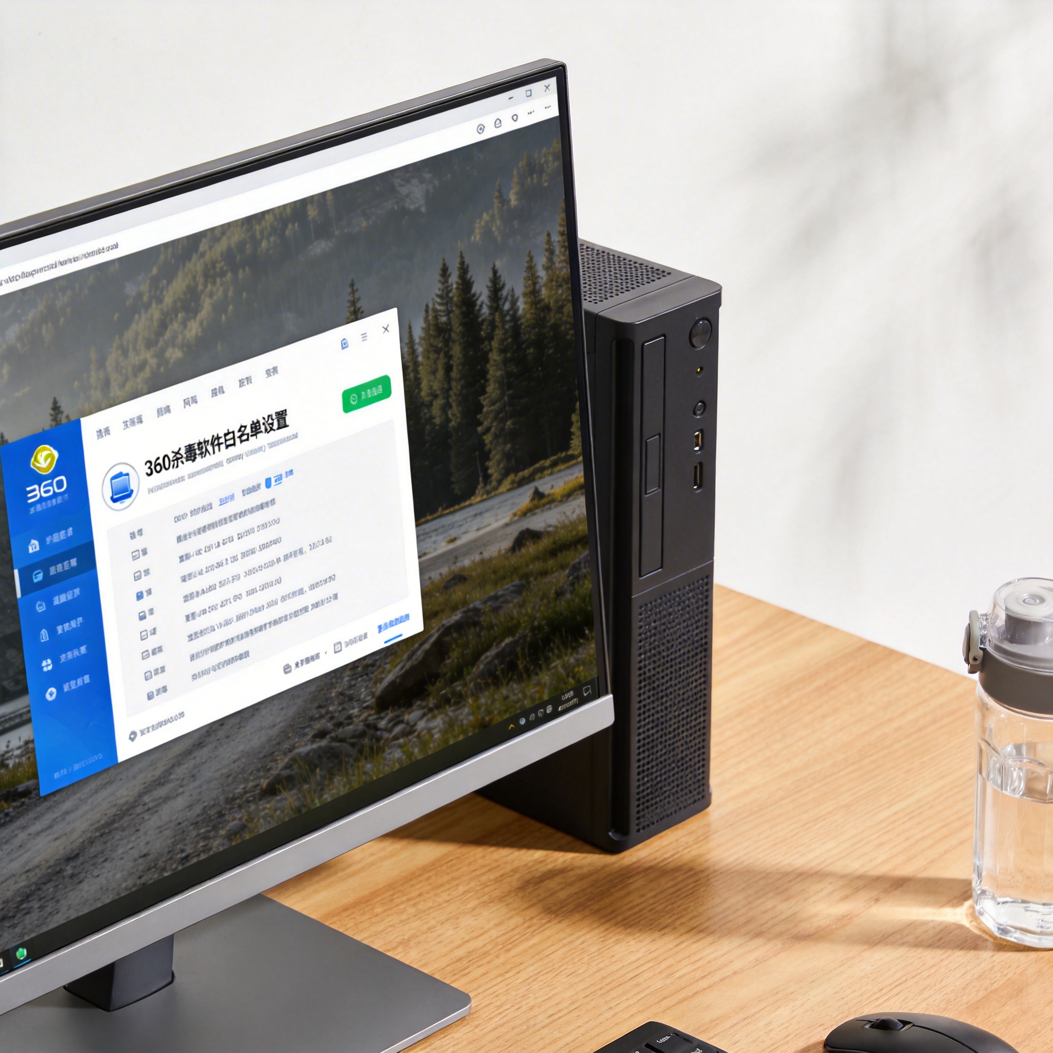 书桌上的主机，屏幕显示360 杀毒软件白名单设置设置界面，桌角放着水杯，自然光