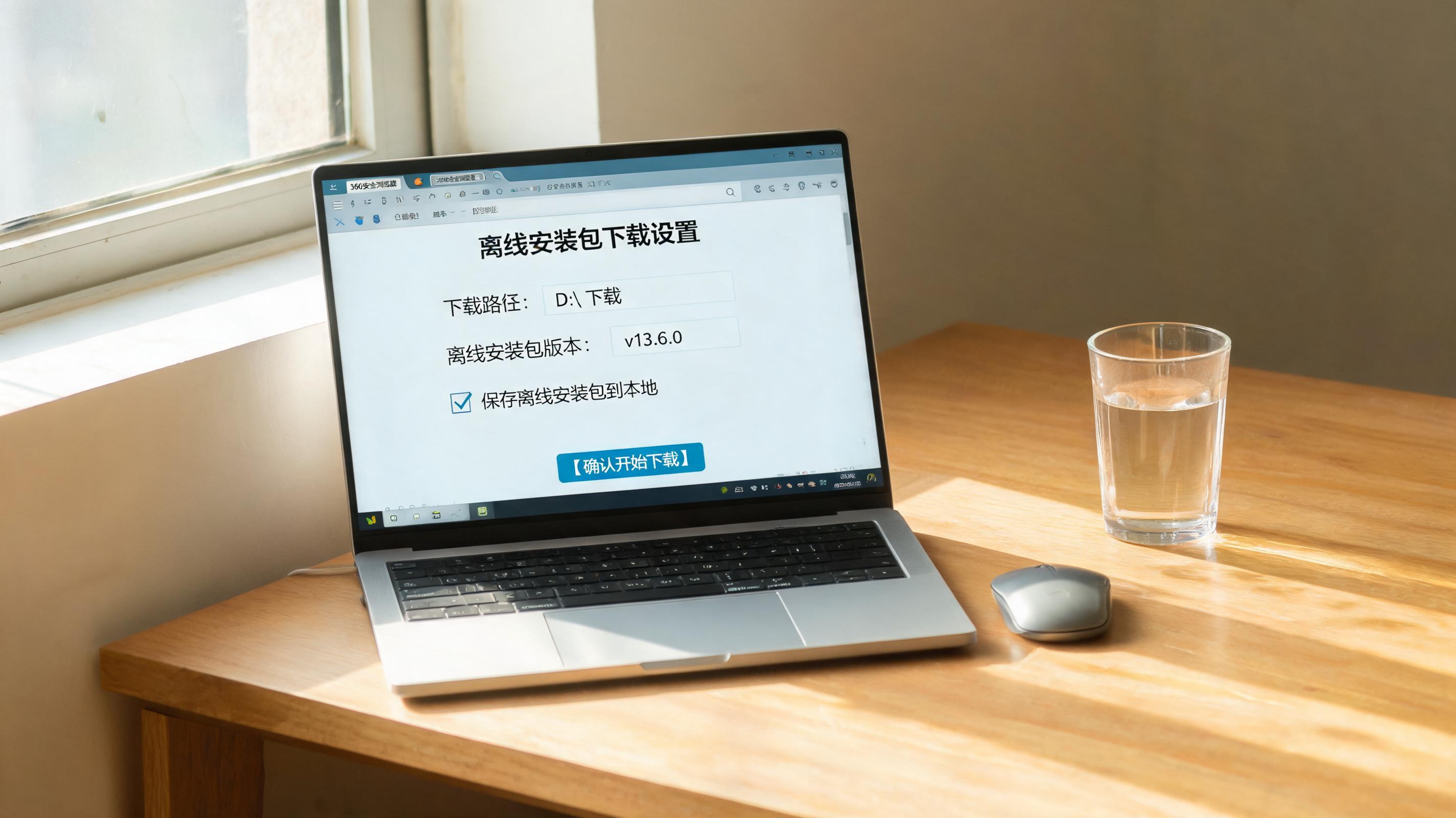 书桌上的电脑，屏幕显示360 安全浏览器离线安装包下载设置界面，桌角放着水杯，自然光