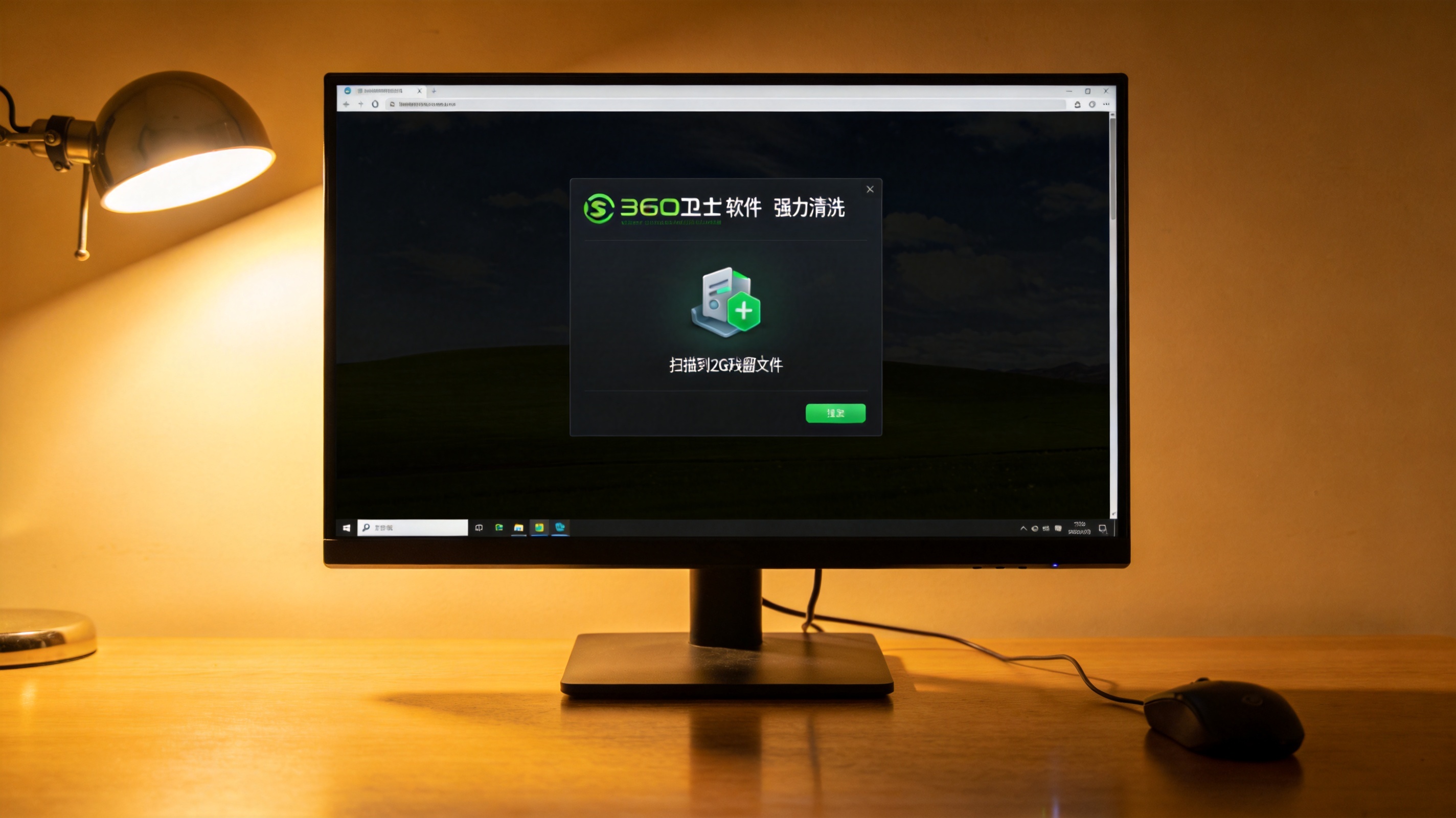 电脑屏幕显示360卫士软件卸载的强力清扫界面，显示扫描到2G残留文件，旁边的桌面放着有线鼠标，台灯暖光