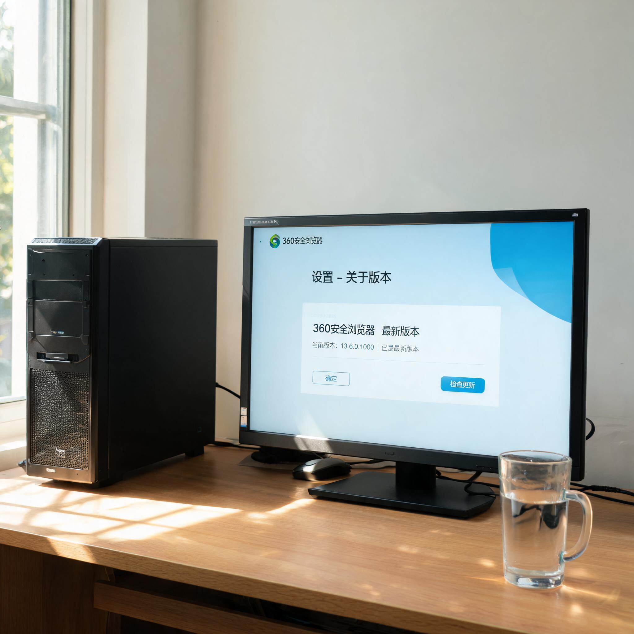 书桌上的主机，屏幕显示360 安全浏览器最新版本设置界面，桌角放着水杯，自然光
